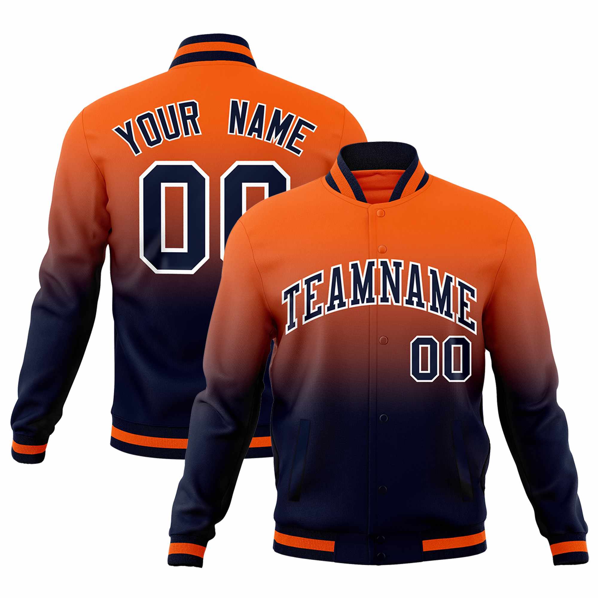 Custom Navy Orange Full-Snap Varsity Personalization Gradient Fashion Letterman Jacket
