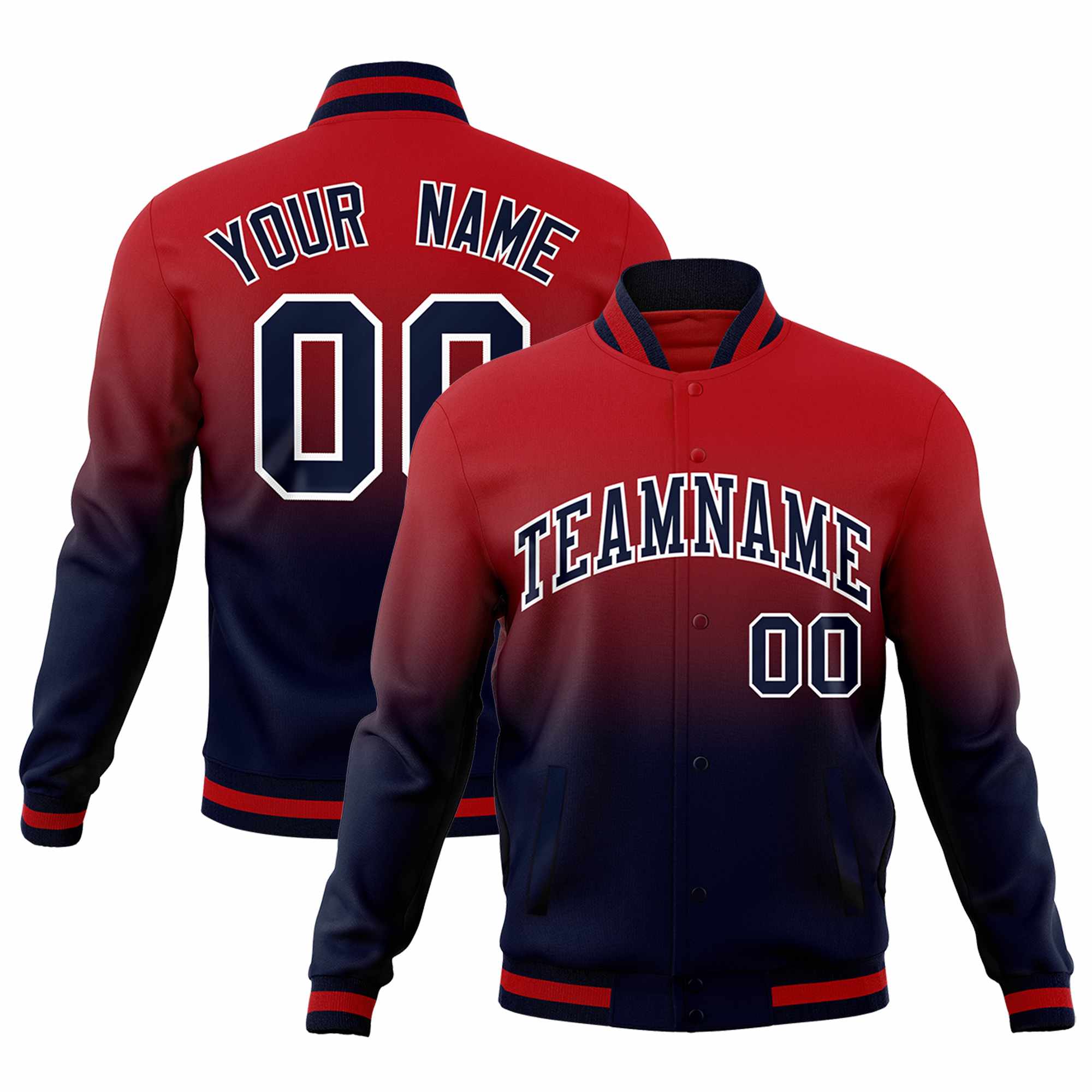 Custom Navy Red Full-Snap Varsity Personalization Gradient Fashion Letterman Jacket