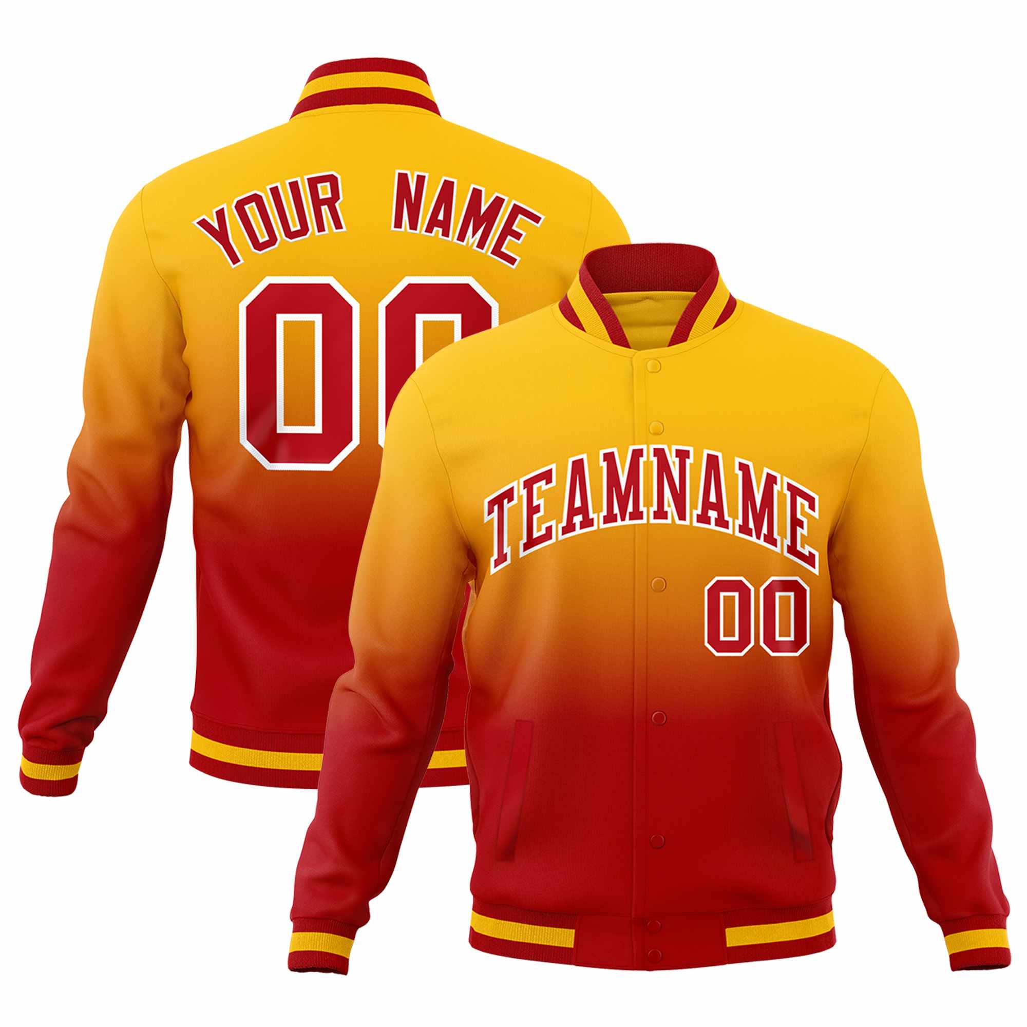 Custom Yellow Red Full-Snap Varsity Personalization Gradient Fashion Letterman Jacket