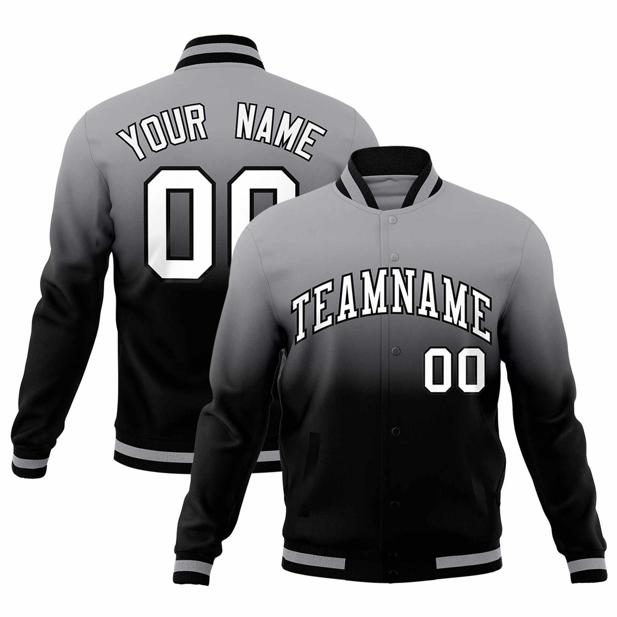Custom Gray Black Full-Snap Varsity Personalization Gradient Fashion Letterman Jacket