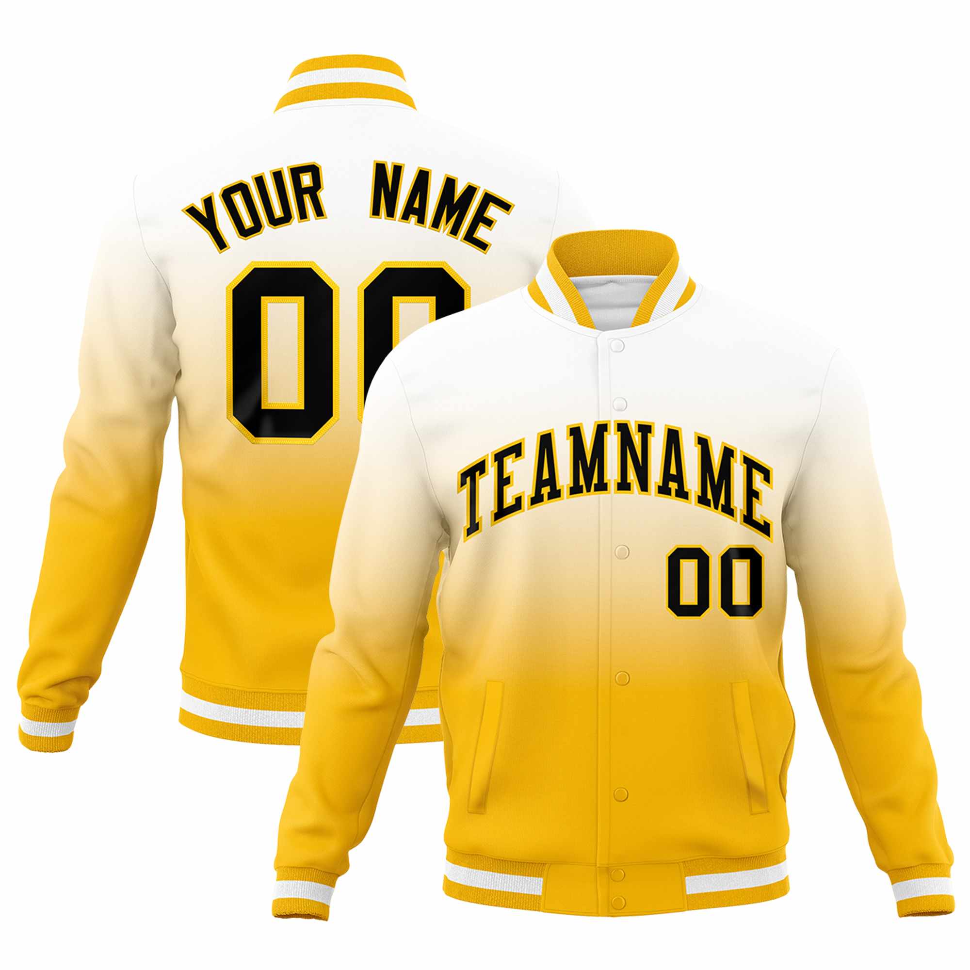 Custom Yellow White Full-Snap Varsity Personalization Gradient Fashion Letterman Jacket