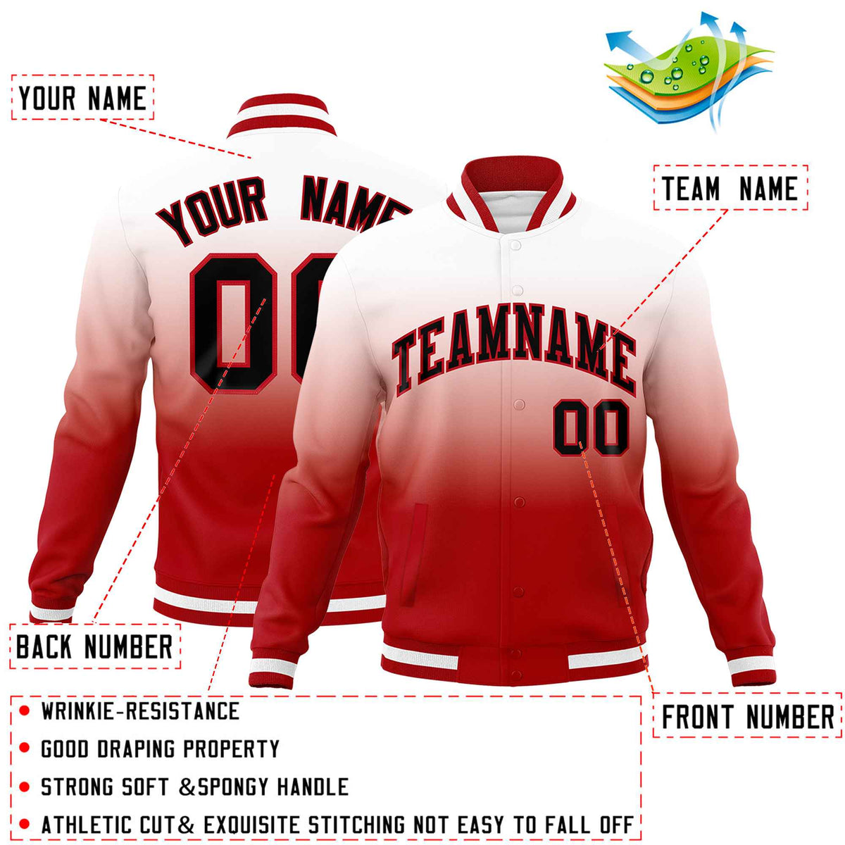 Custom White Red Full-Snap Varsity Personalization Gradient Fashion Letterman Jacket