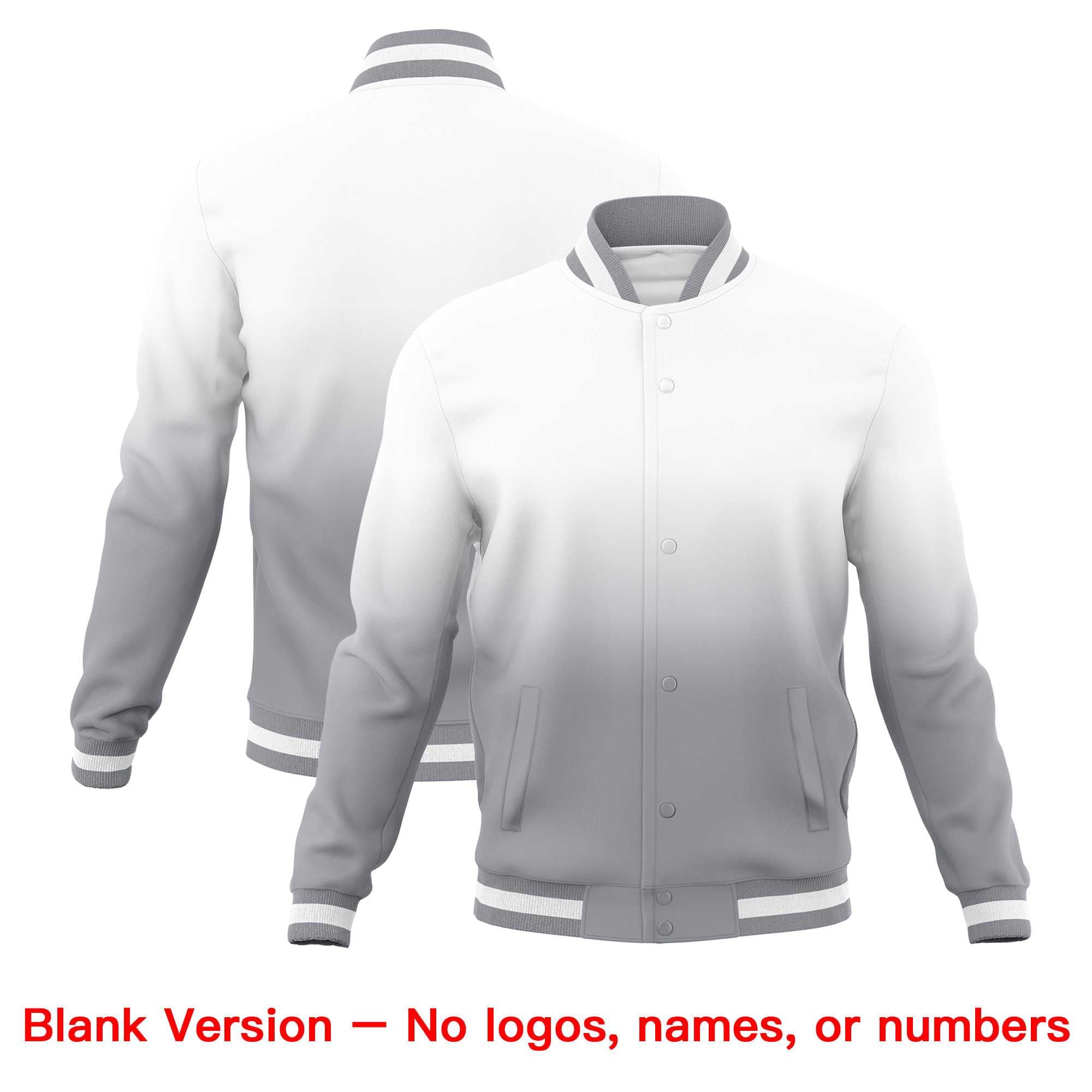 Custom White Gray Full-Snap Varsity Personalization Gradient Fashion Letterman Jacket