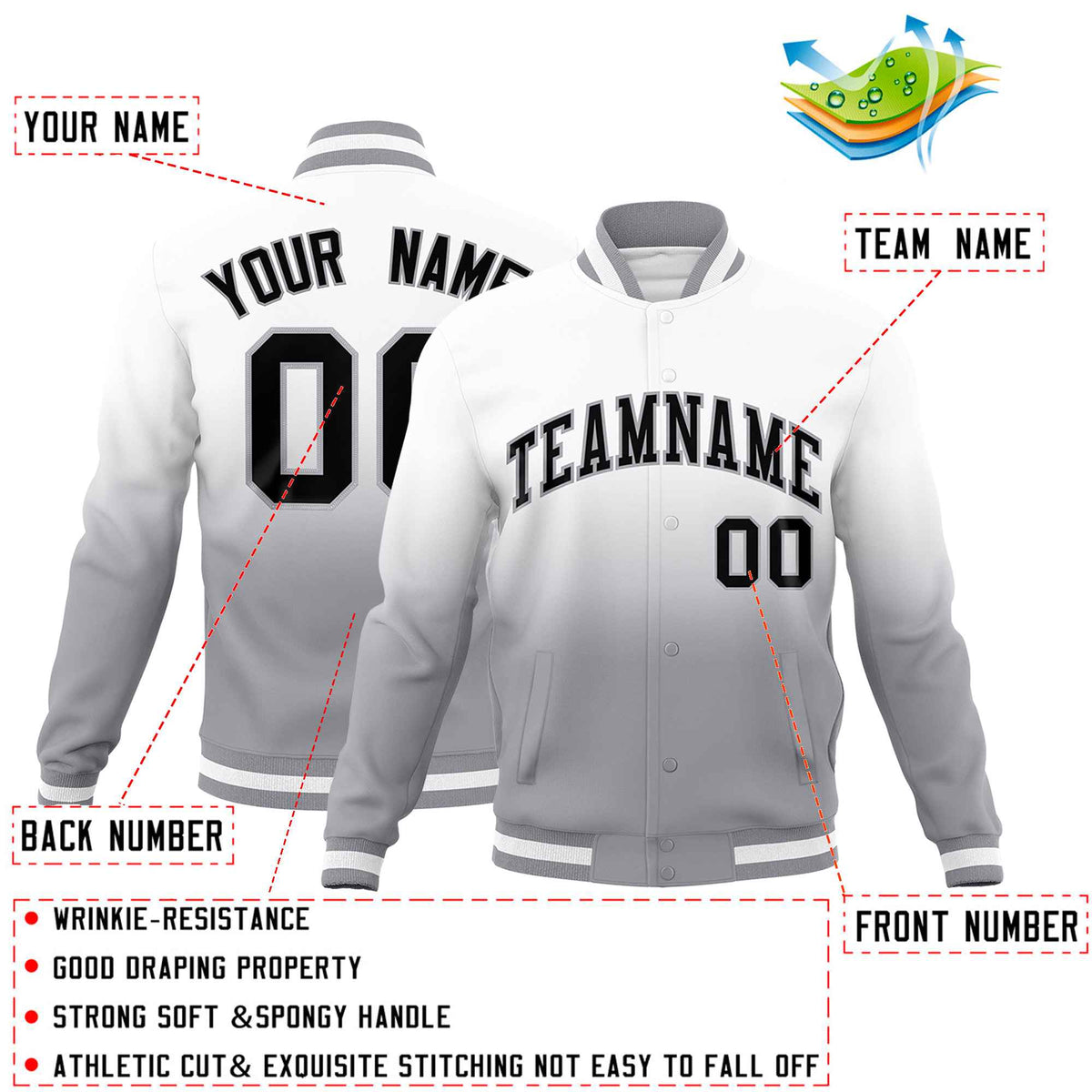 Custom White Gray Full-Snap Varsity Personalization Gradient Fashion Letterman Jacket