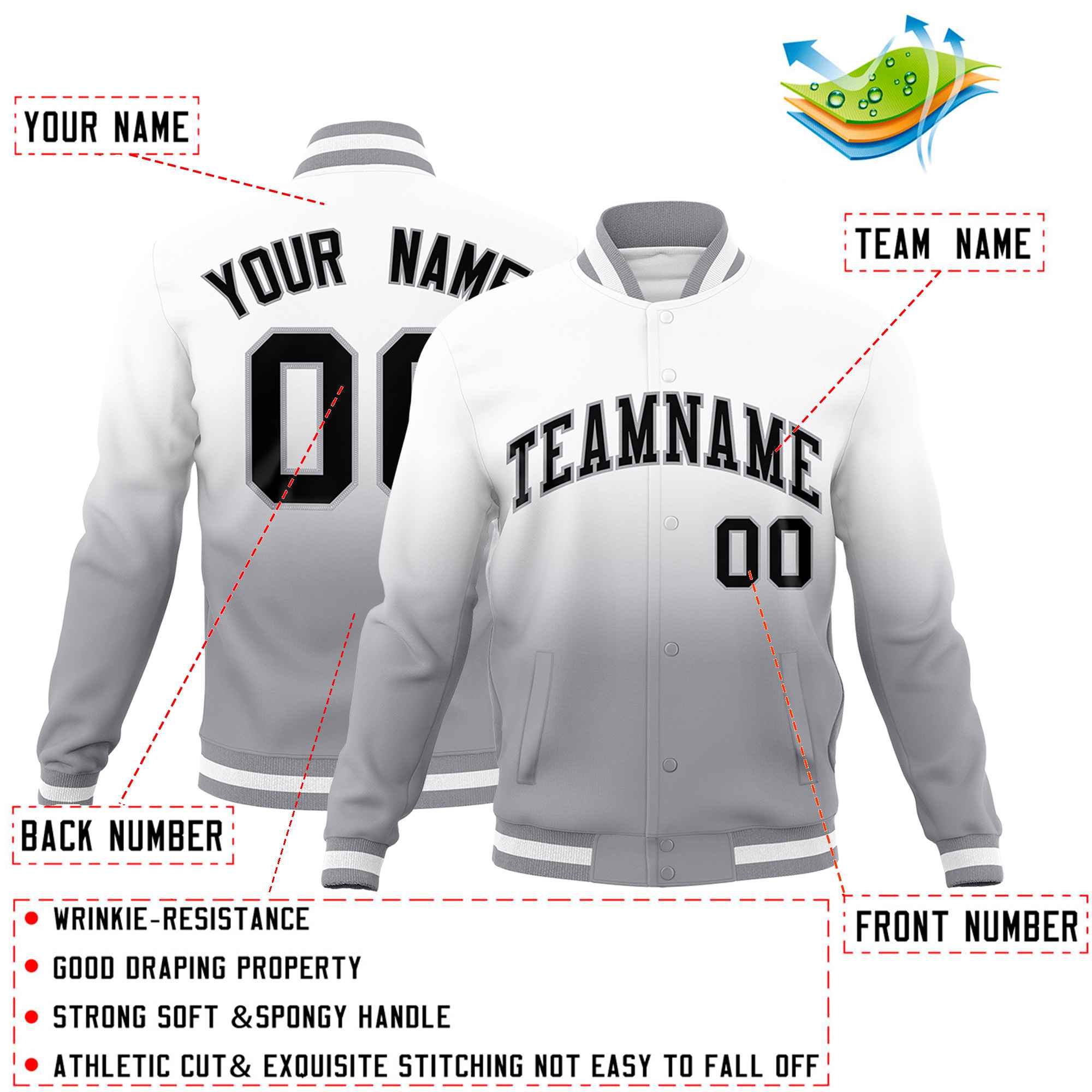 Custom White Gray Full-Snap Varsity Personalization Gradient Fashion Letterman Jacket