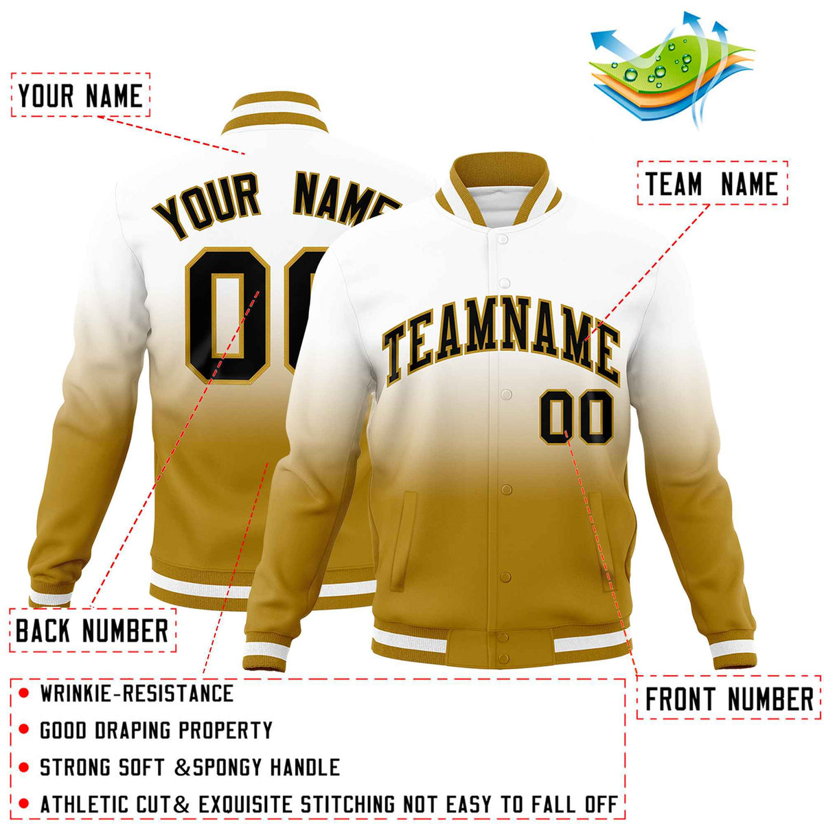 Custom White Old Gold Full-Snap Varsity Personalization Gradient Fashion Letterman Jacket