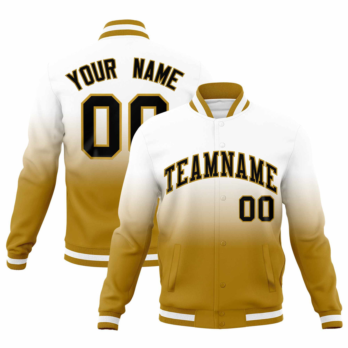 Custom White Old Gold Full-Snap Varsity Personalization Gradient Fashion Letterman Jacket