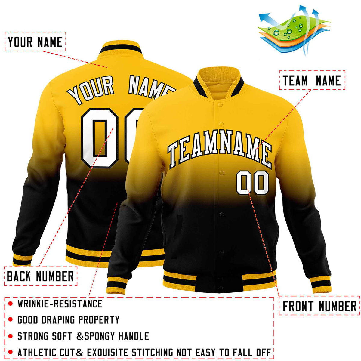 Custom Black Yellow Full-Snap Varsity Personalization Gradient Fashion Letterman Jacket
