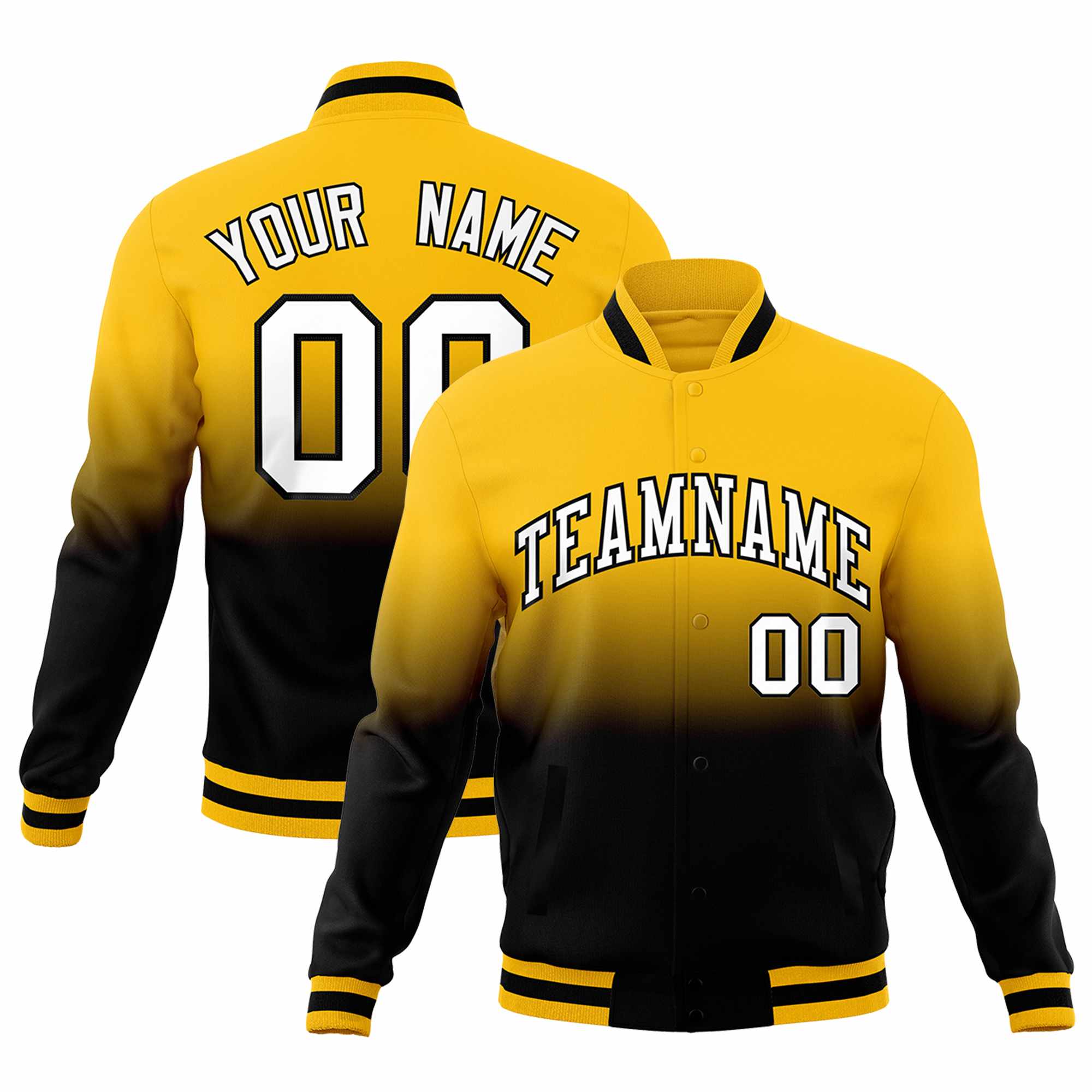 Custom Black Yellow Full-Snap Varsity Personalization Gradient Fashion Letterman Jacket
