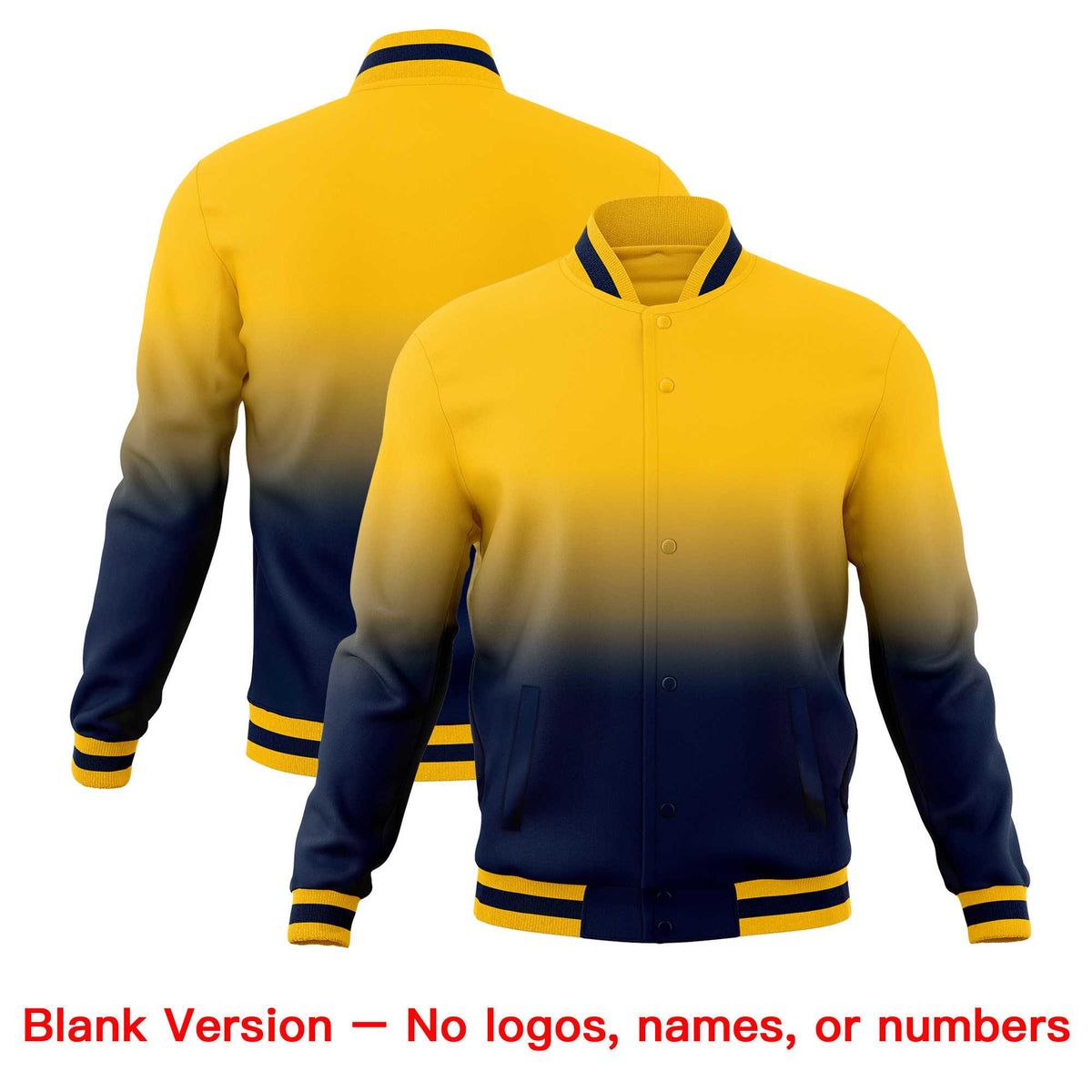 Custom Yellow Navy Full-Snap Varsity Personalization Gradient Fashion Letterman Jacket