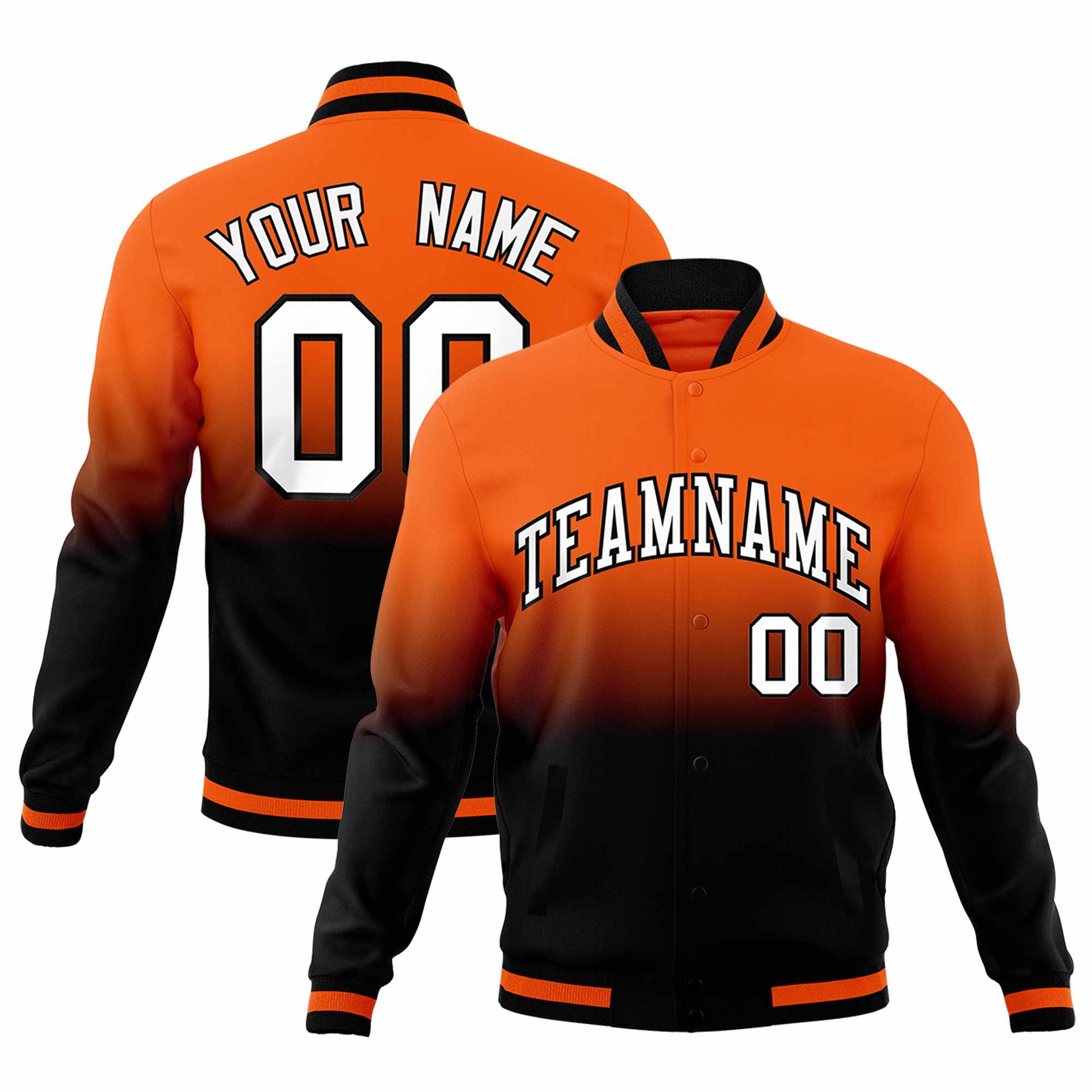 Custom Orange Black Full-Snap Varsity Personalization Gradient Fashion Letterman Jacket