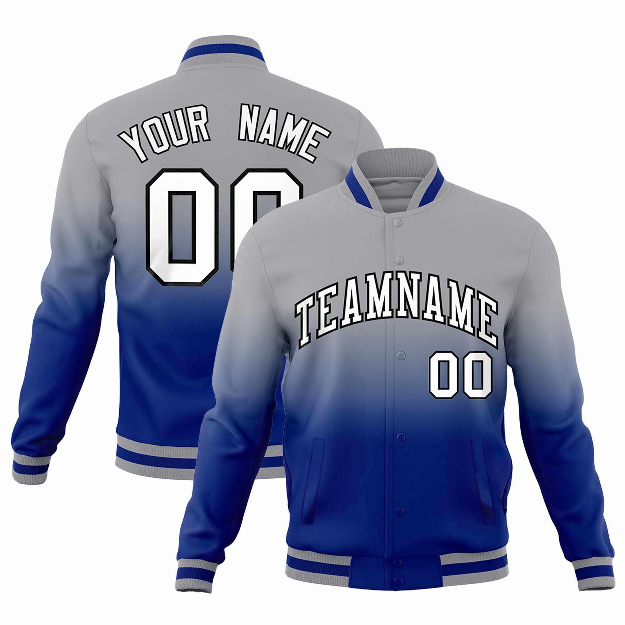 Custom Gray Royal Blue Full-Snap Varsity Personalization Gradient Fashion Letterman Jacket