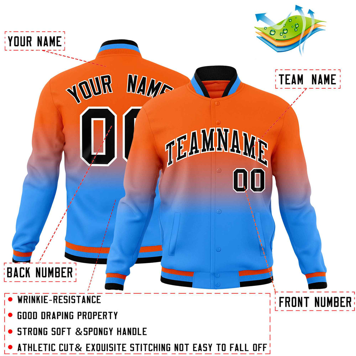 Custom Orange Powder Blue Full-Snap Varsity Personalization Gradient Fashion Letterman Jacket