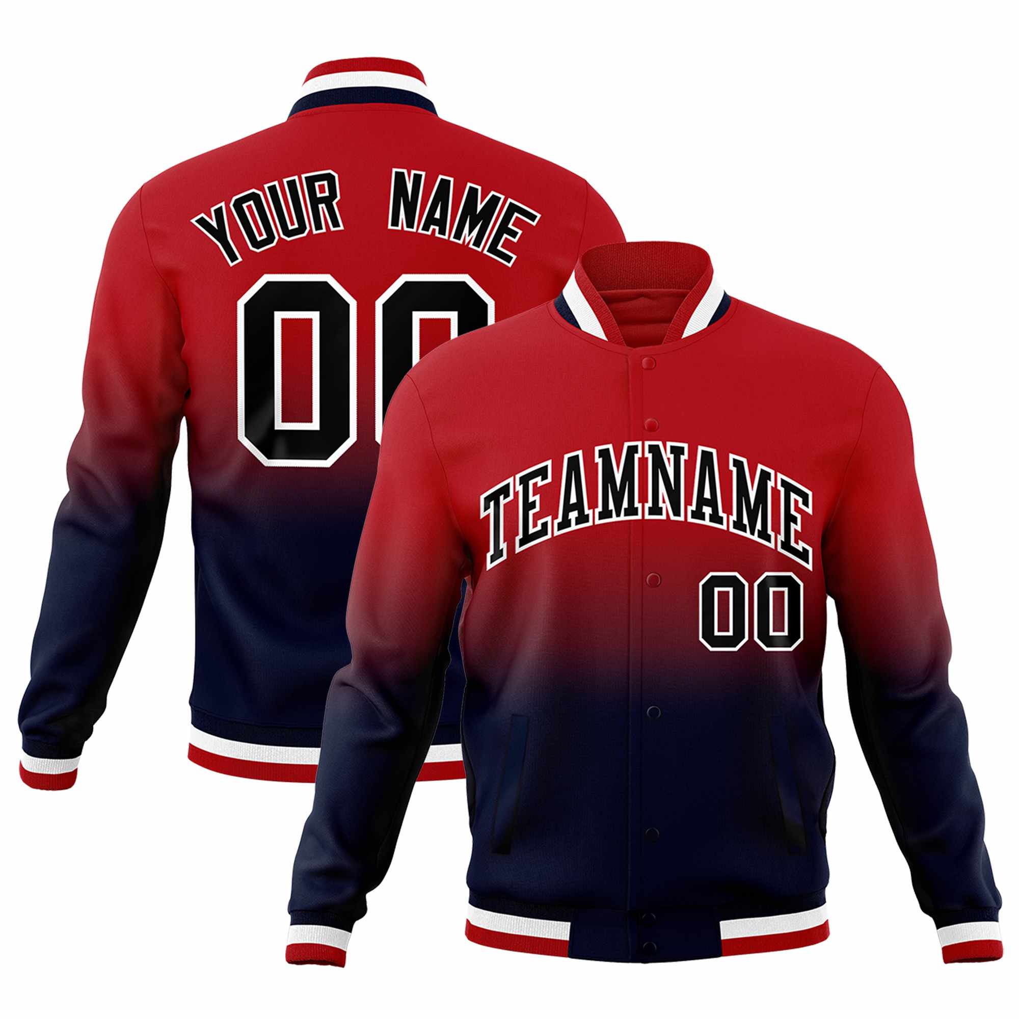 Custom Red Navy Full-Snap Varsity Personalization Gradient Fashion Letterman Jacket