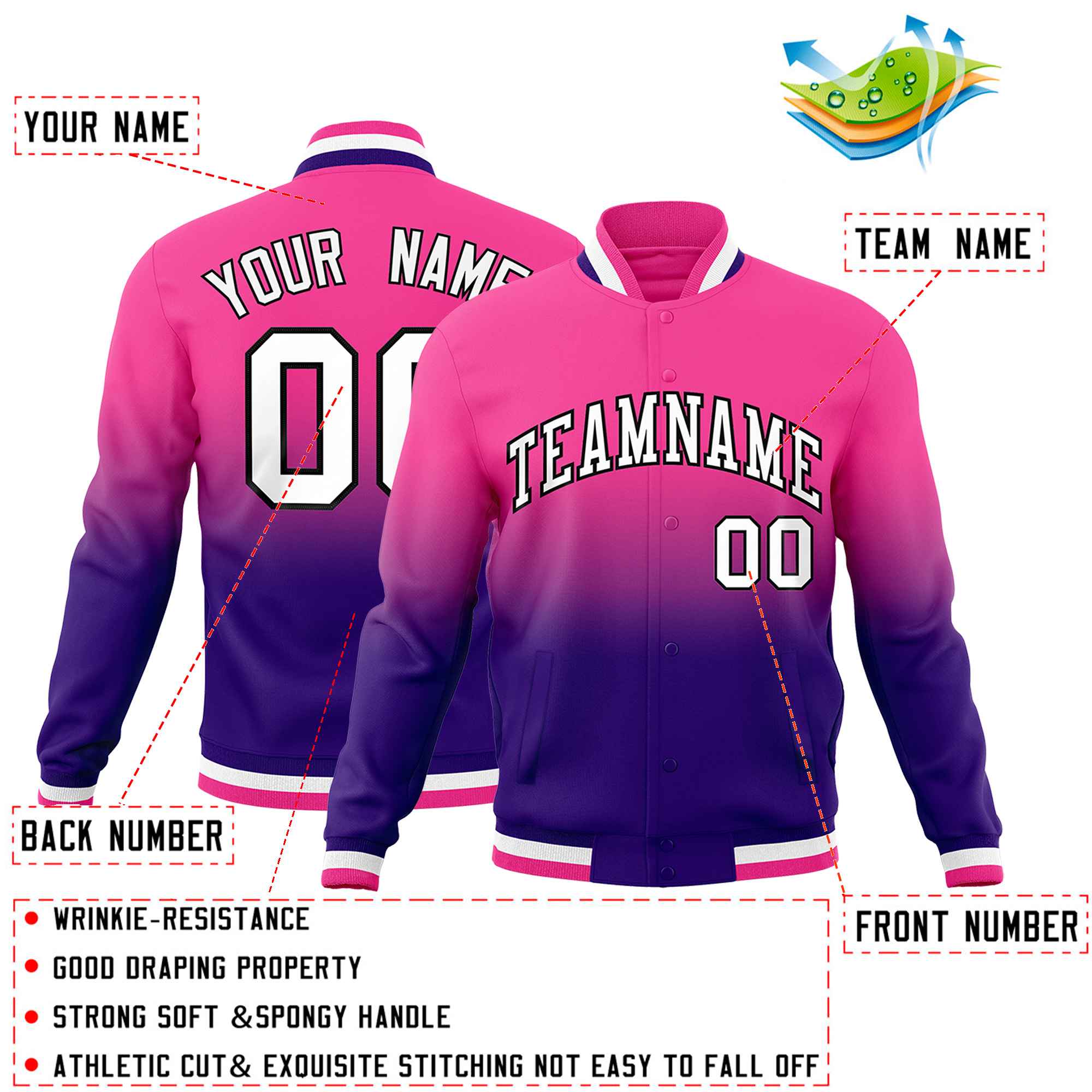 Custom Purple Pink Full-Snap Varsity Personalization Gradient Fashion Letterman Jacket