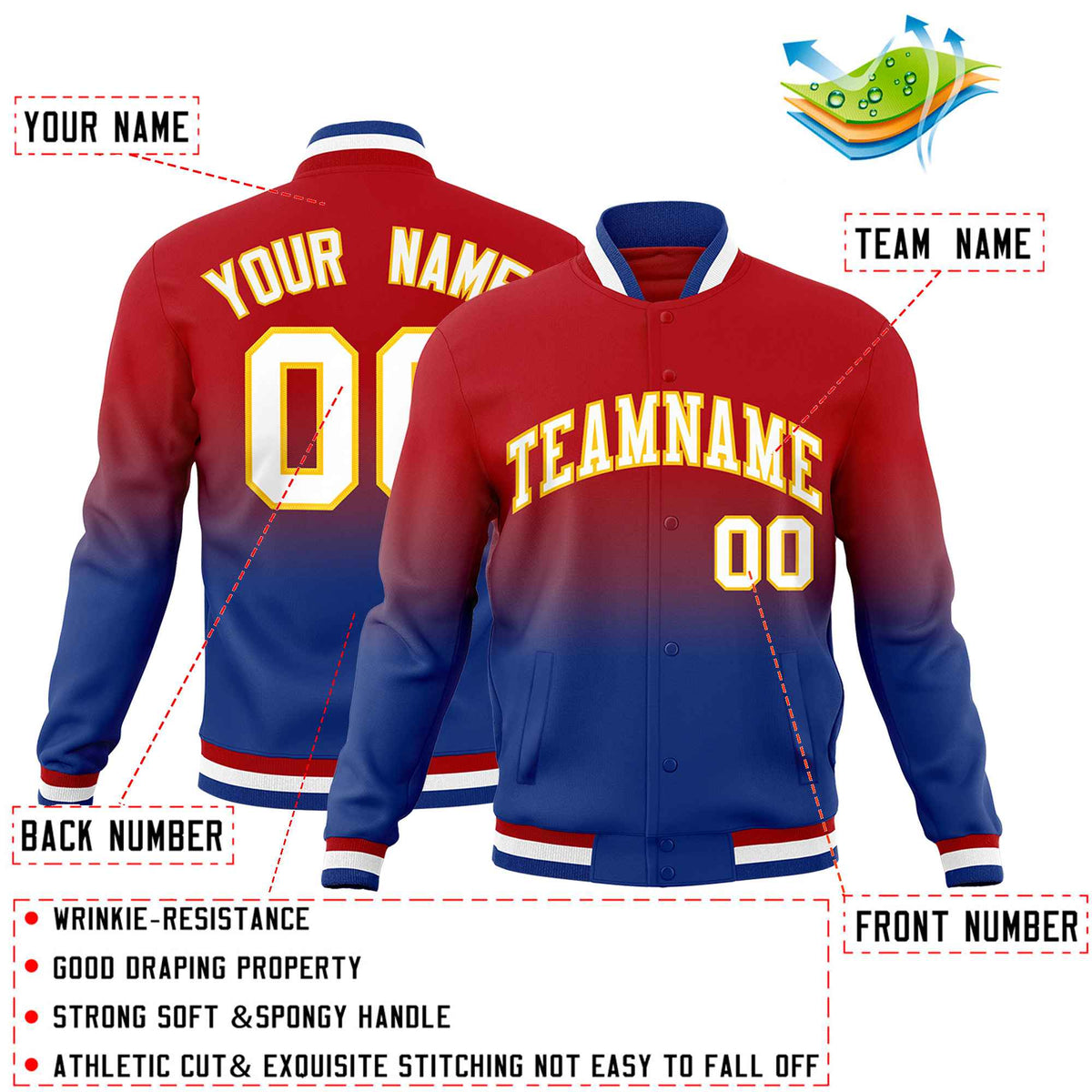 Custom Red Royal Full-Snap Varsity Personalization Gradient Fashion Letterman Jacket