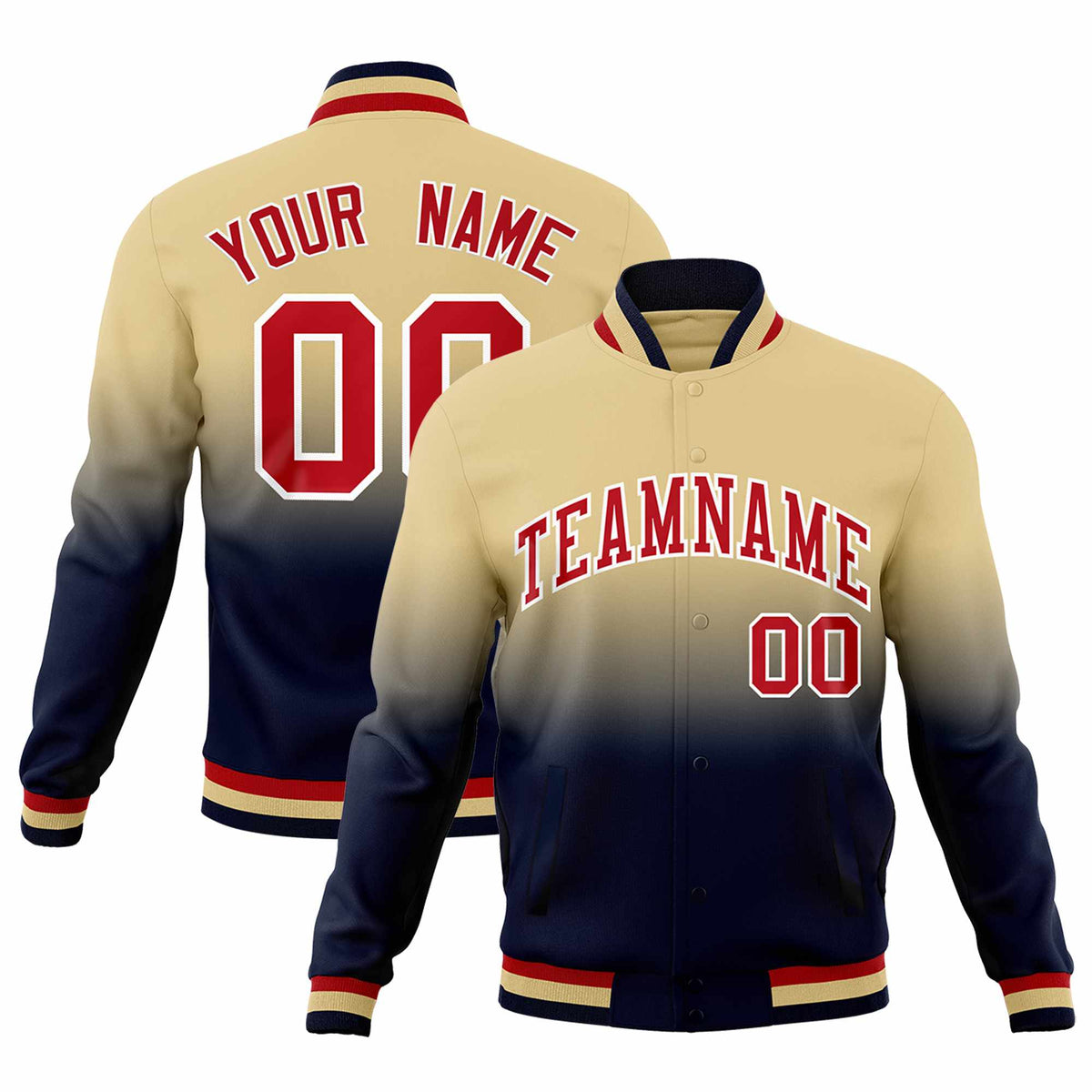 Custom Khaki Navy Full-Snap Varsity Personalization Gradient Fashion Letterman Jacket