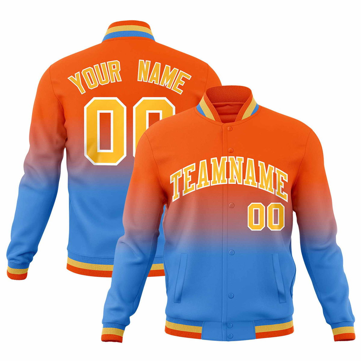 Custom Orange Powder Blue Full-Snap Varsity Personalization Gradient Fashion Letterman Jacket