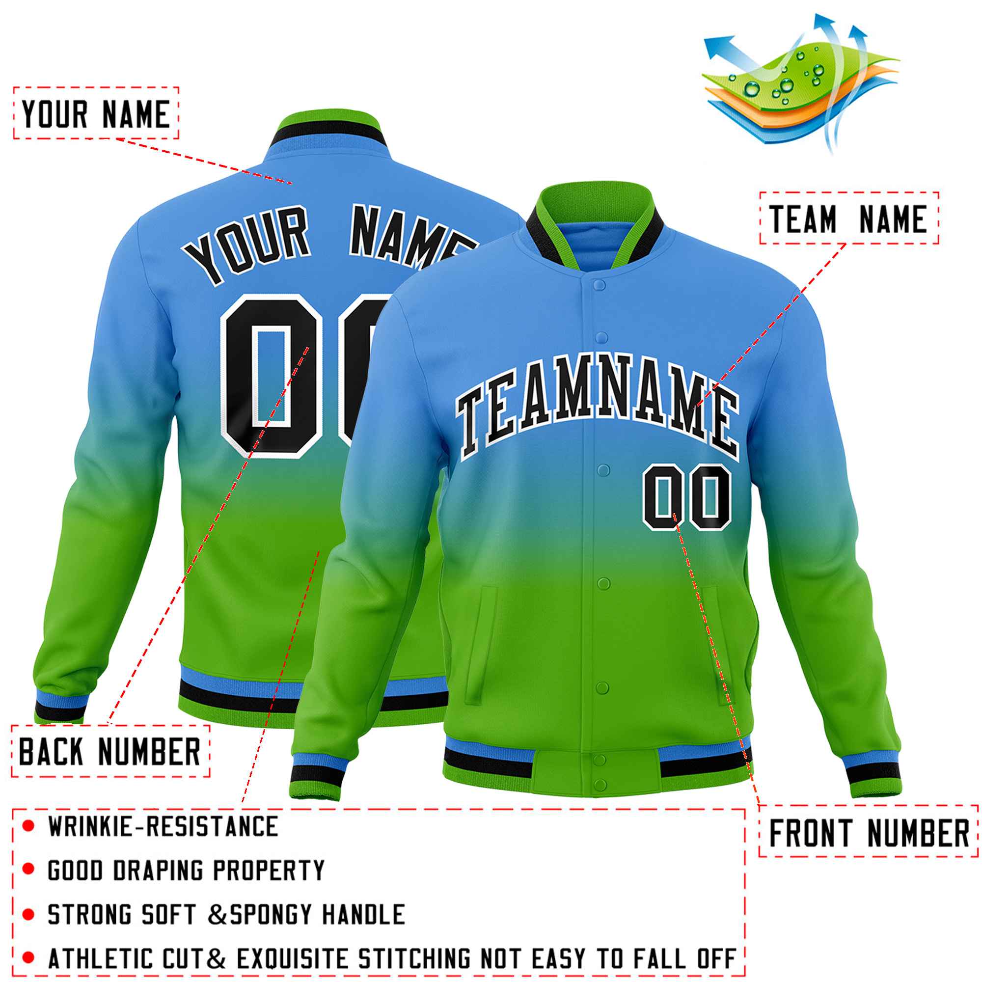 Custom Powder Blue Green Full-Snap Varsity Personalization Gradient Fashion Letterman Jacket