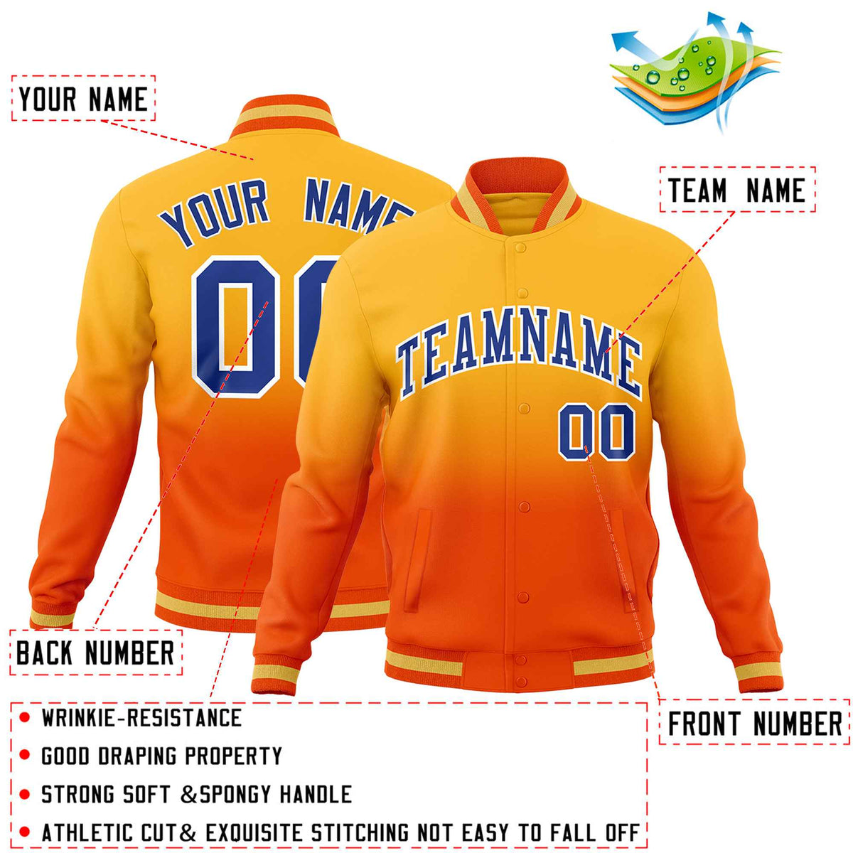 Custom Orange Gold Full-Snap Varsity Personalization Gradient Fashion Letterman Jacket