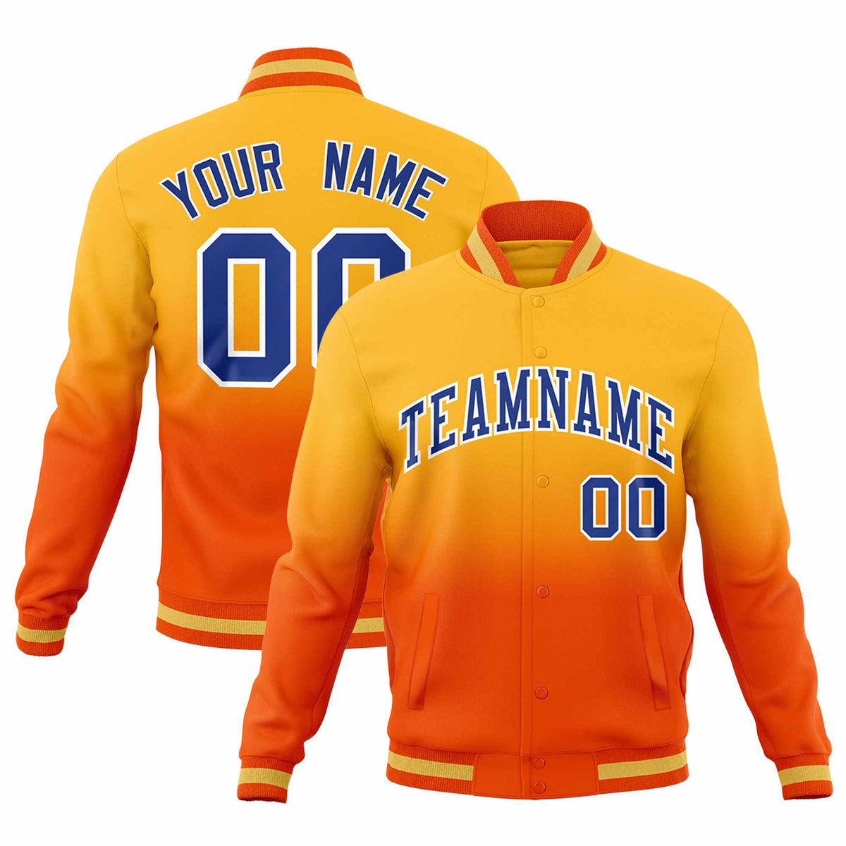Custom Orange Gold Full-Snap Varsity Personalization Gradient Fashion Letterman Jacket