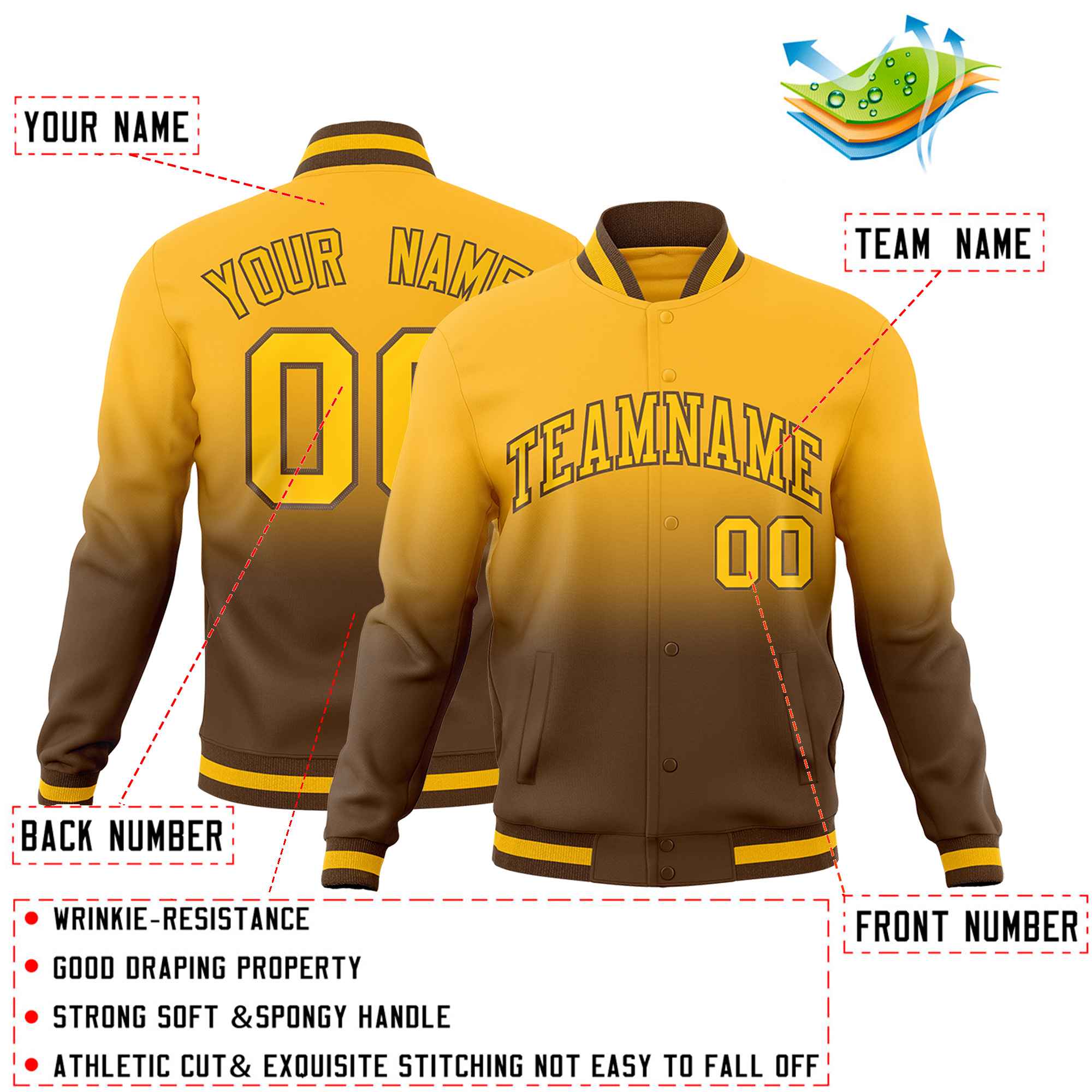 Custom Light Brown Gold Full-Snap Varsity Personalization Gradient Fashion Letterman Jacket