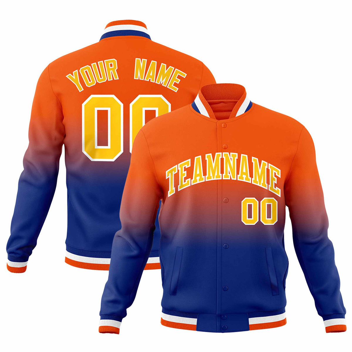 Custom Orange Royal Full-Snap Varsity Personalization Gradient Fashion Letterman Jacket