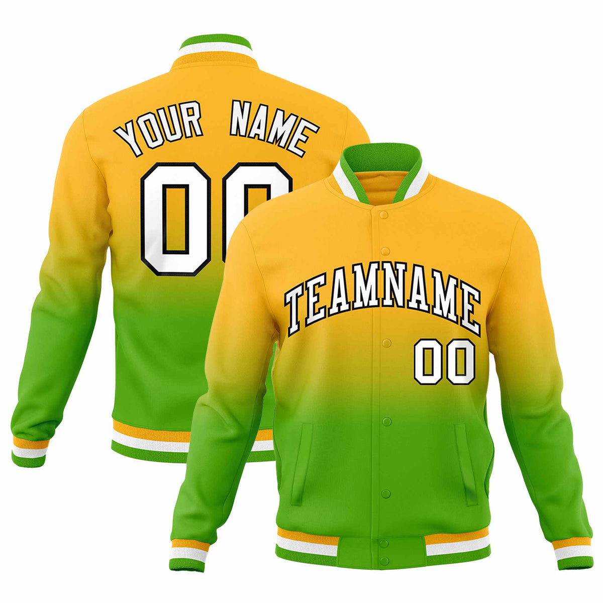 Custom Gold Green Full-Snap Varsity Personalization Gradient Fashion Letterman Jacket