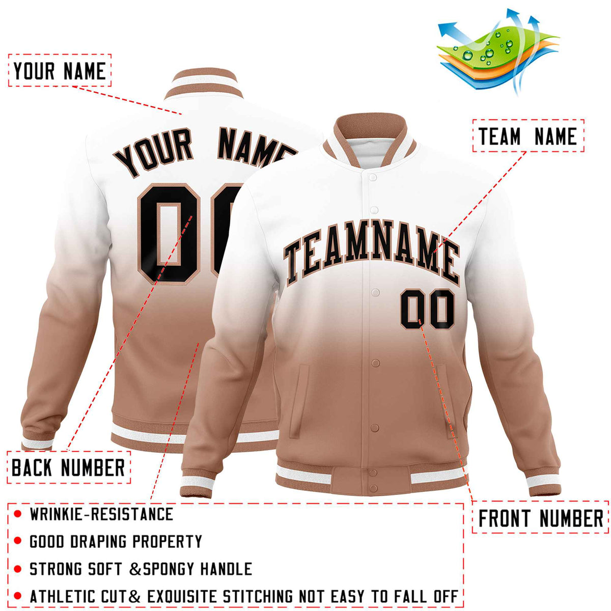 Custom White Light Brown Full-Snap Varsity Personalization Gradient Fashion Letterman Jacket