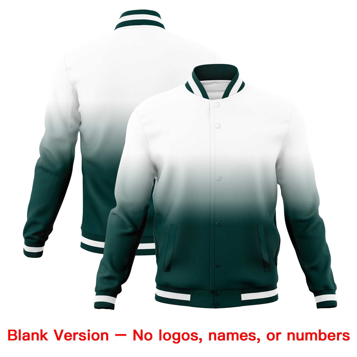Custom White Midnight Green Full-Snap Varsity Personalization Gradient Fashion Letterman Jacket