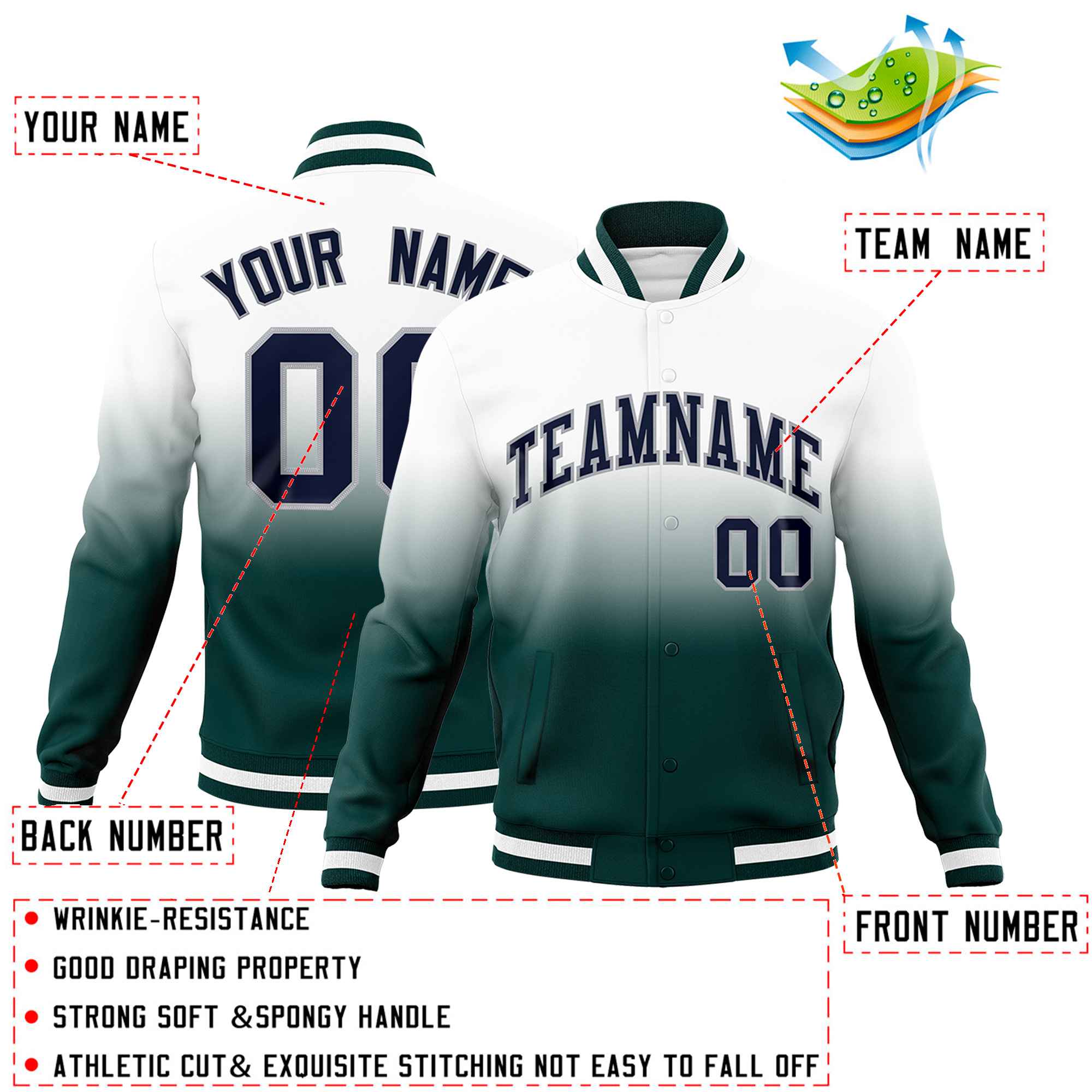 Custom White Midnight Green Full-Snap Varsity Personalization Gradient Fashion Letterman Jacket