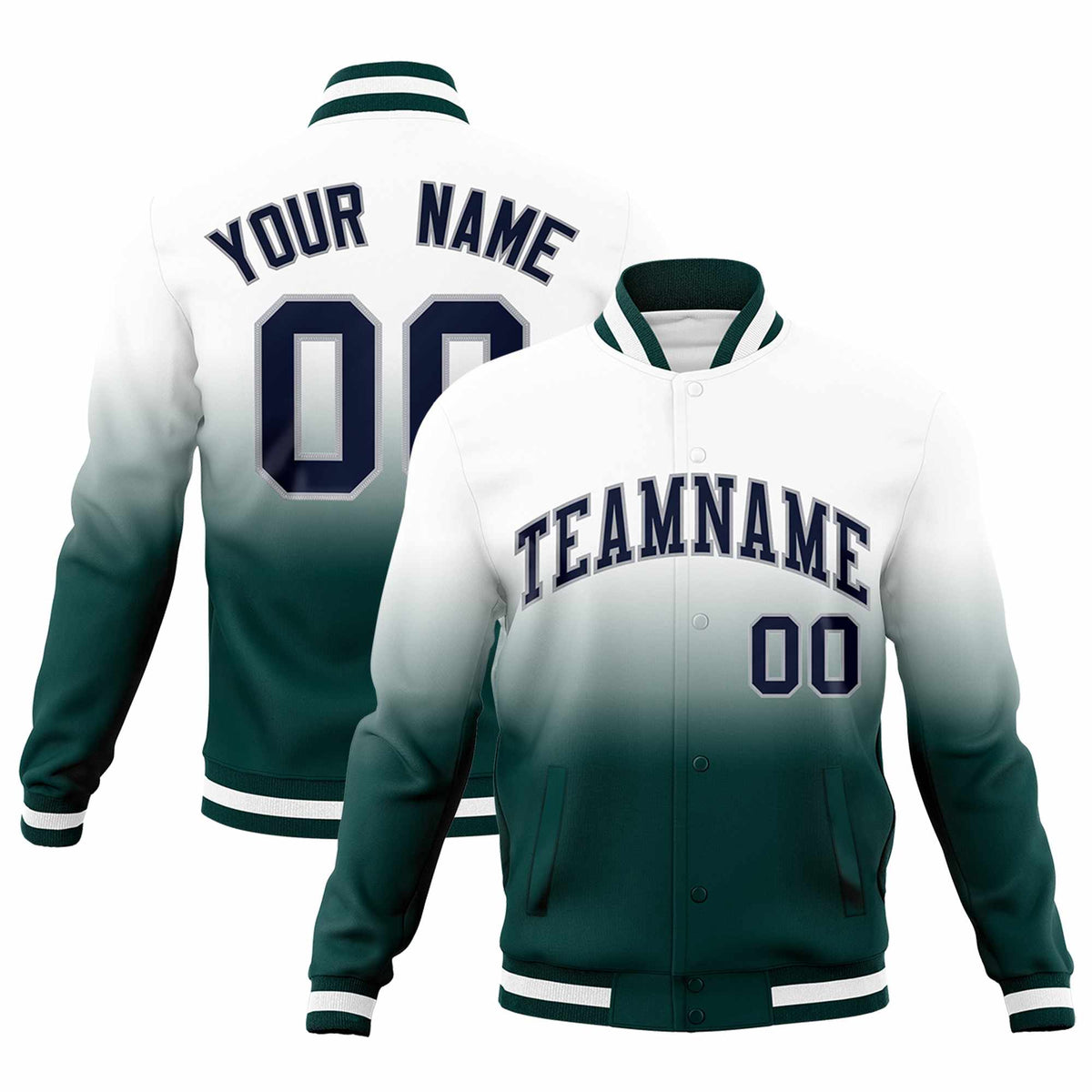 Custom White Midnight Green Full-Snap Varsity Personalization Gradient Fashion Letterman Jacket