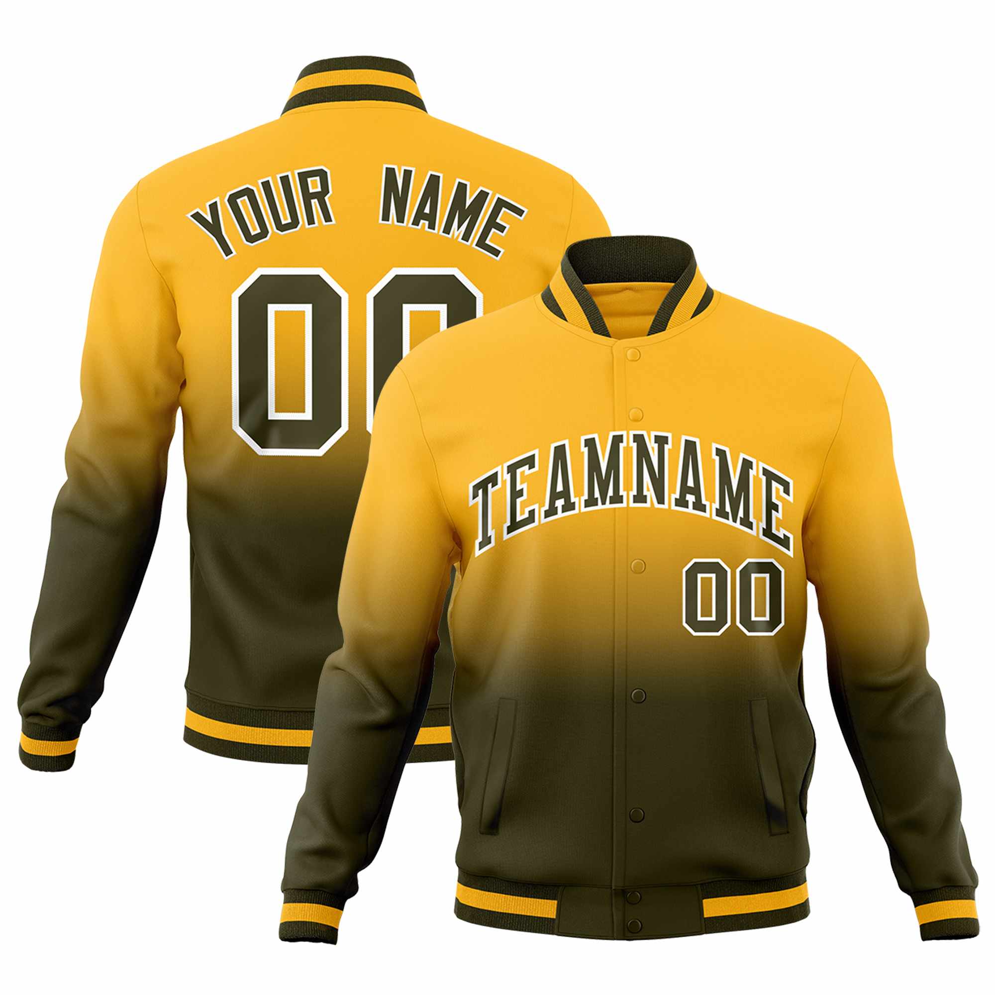 Custom Gold Olive Full-Snap Varsity Personalization Gradient Fashion Letterman Jacket