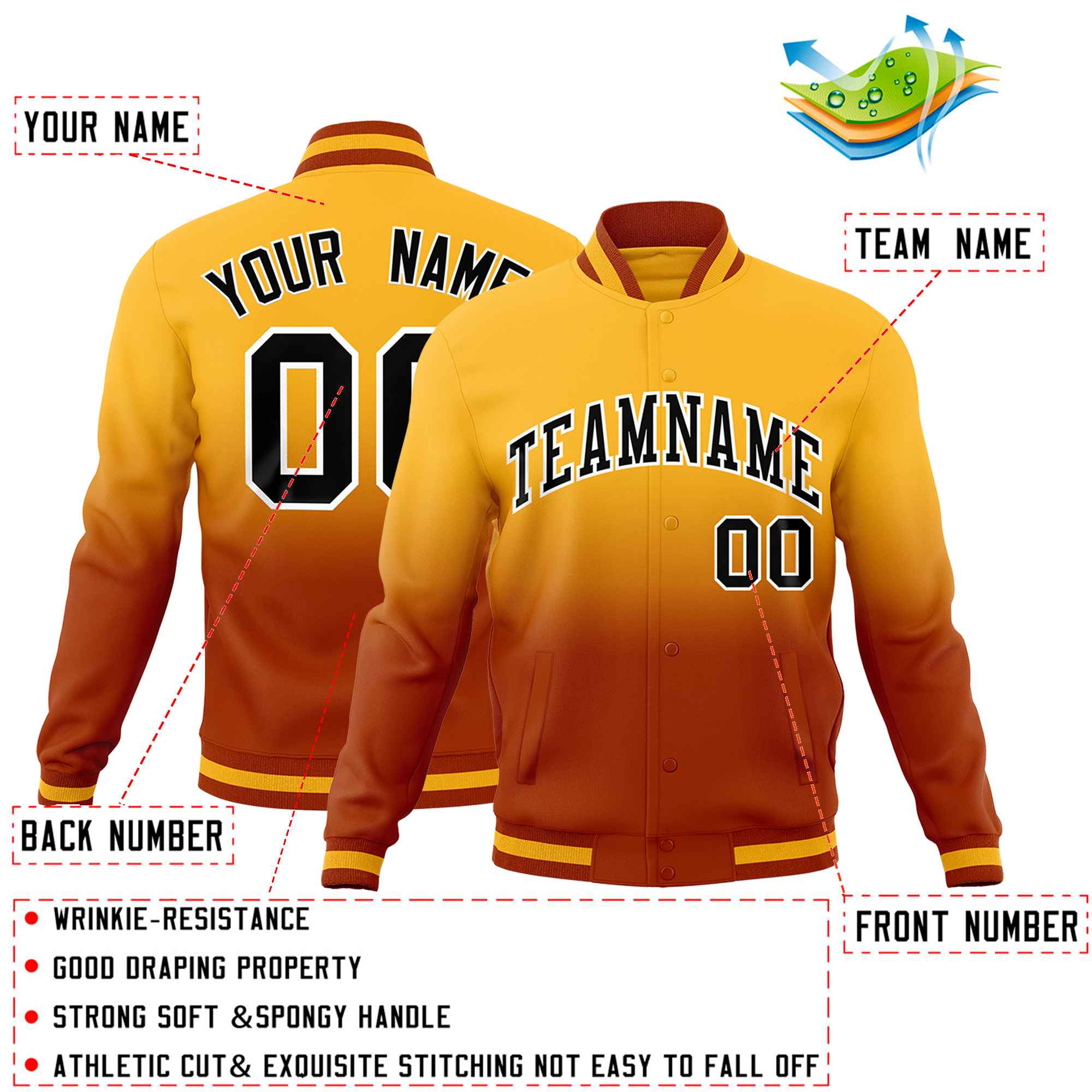 Custom Gold Dark Orange Full-Snap Varsity Personalization Gradient Fashion Letterman Jacket