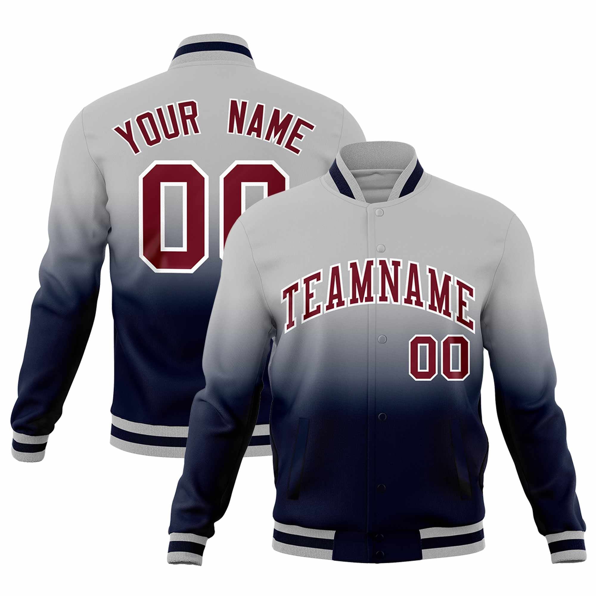 Custom Gray Navy Full-Snap Varsity Personalization Gradient Fashion Letterman Jacket