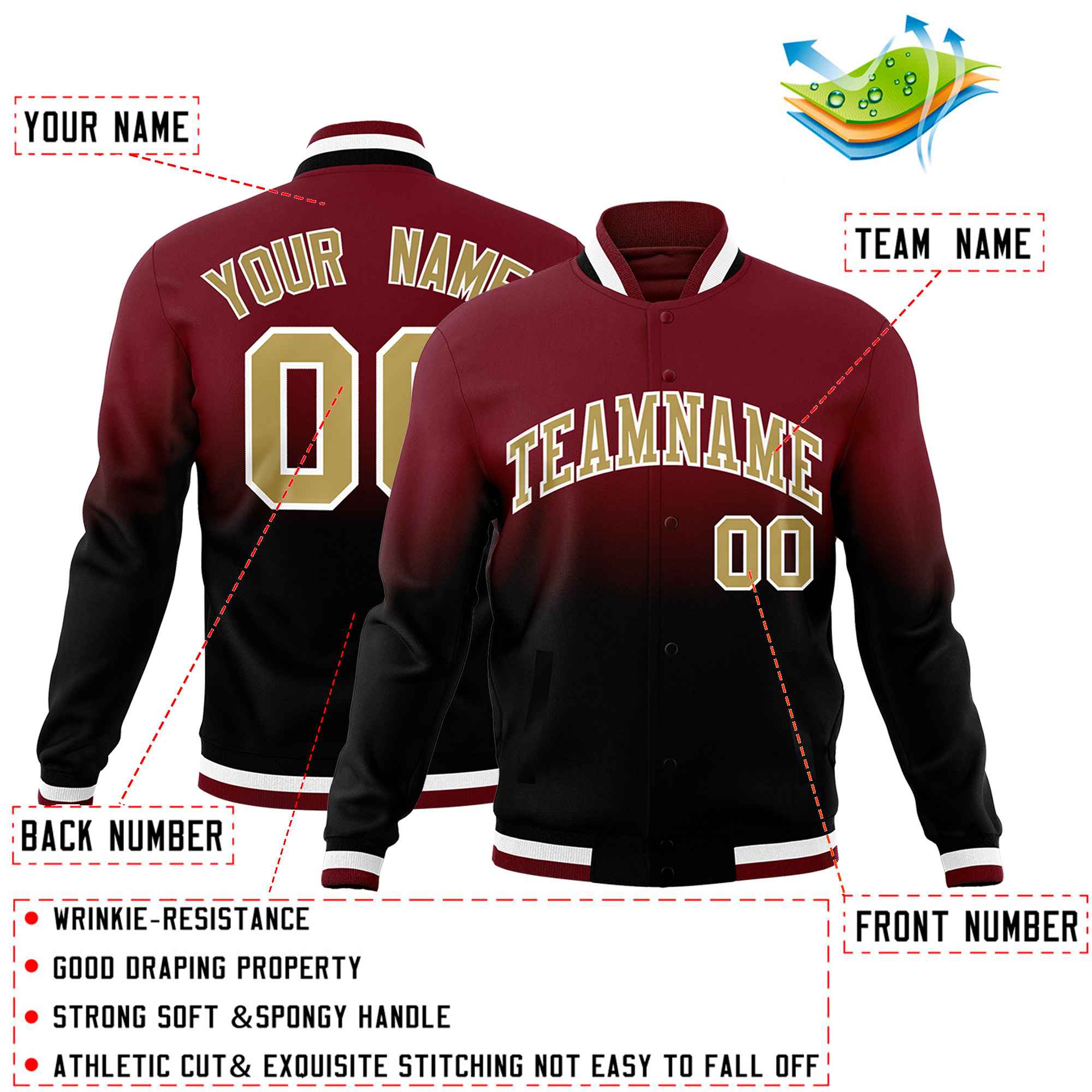 Custom Crimson Black Full-Snap Varsity Personalization Gradient Fashion Letterman Jacket