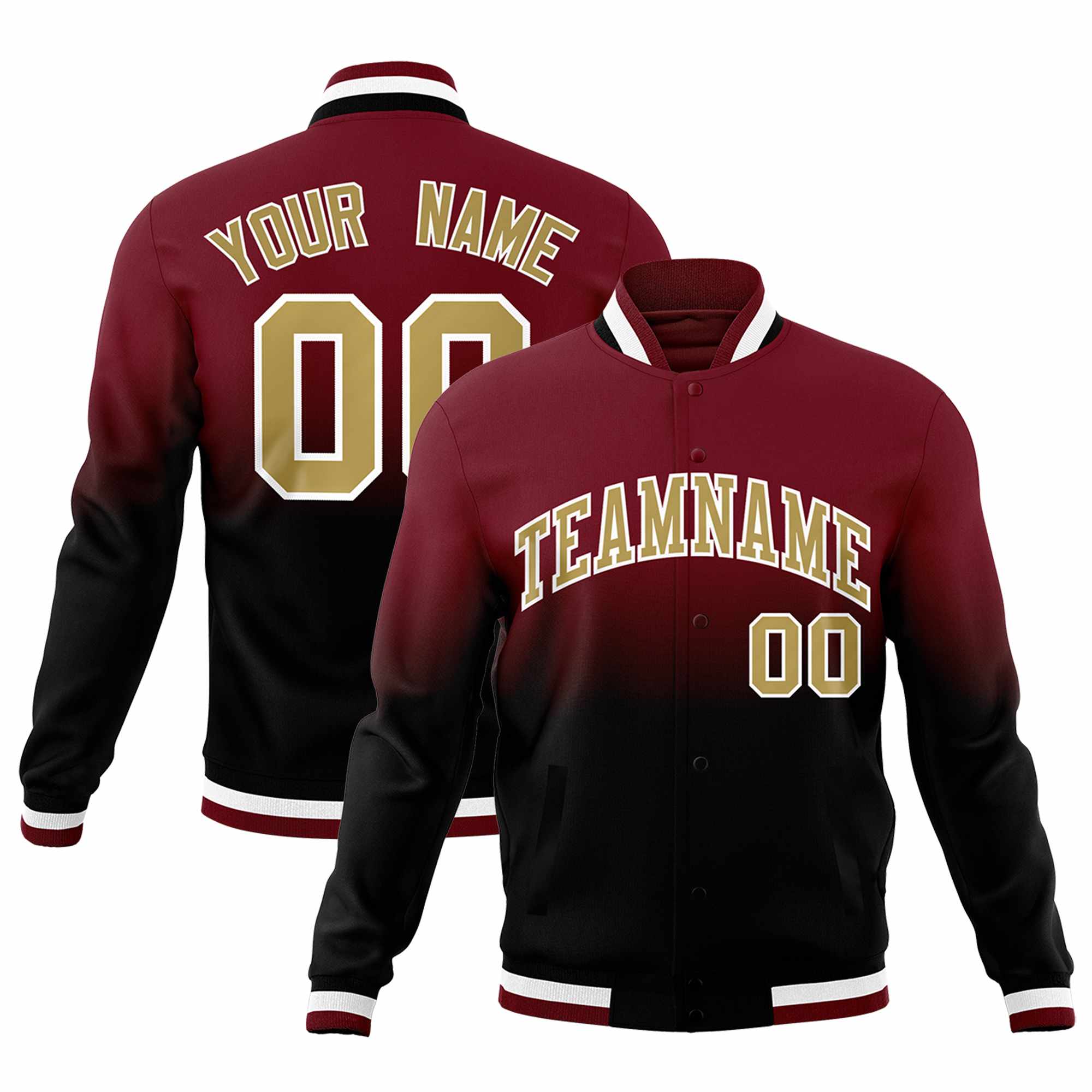 Custom Crimson Black Full-Snap Varsity Personalization Gradient Fashion Letterman Jacket