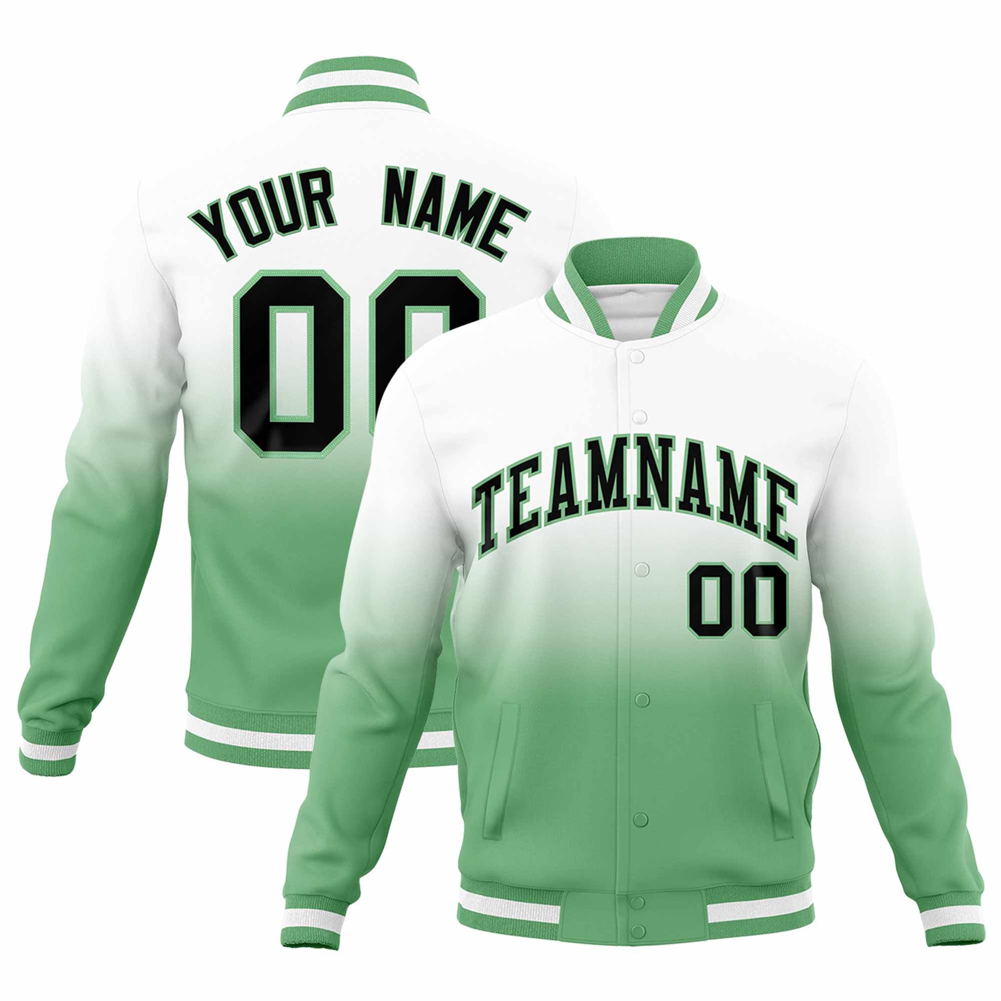 Custom White Green Full-Snap Varsity Personalization Gradient Fashion Letterman Jacket