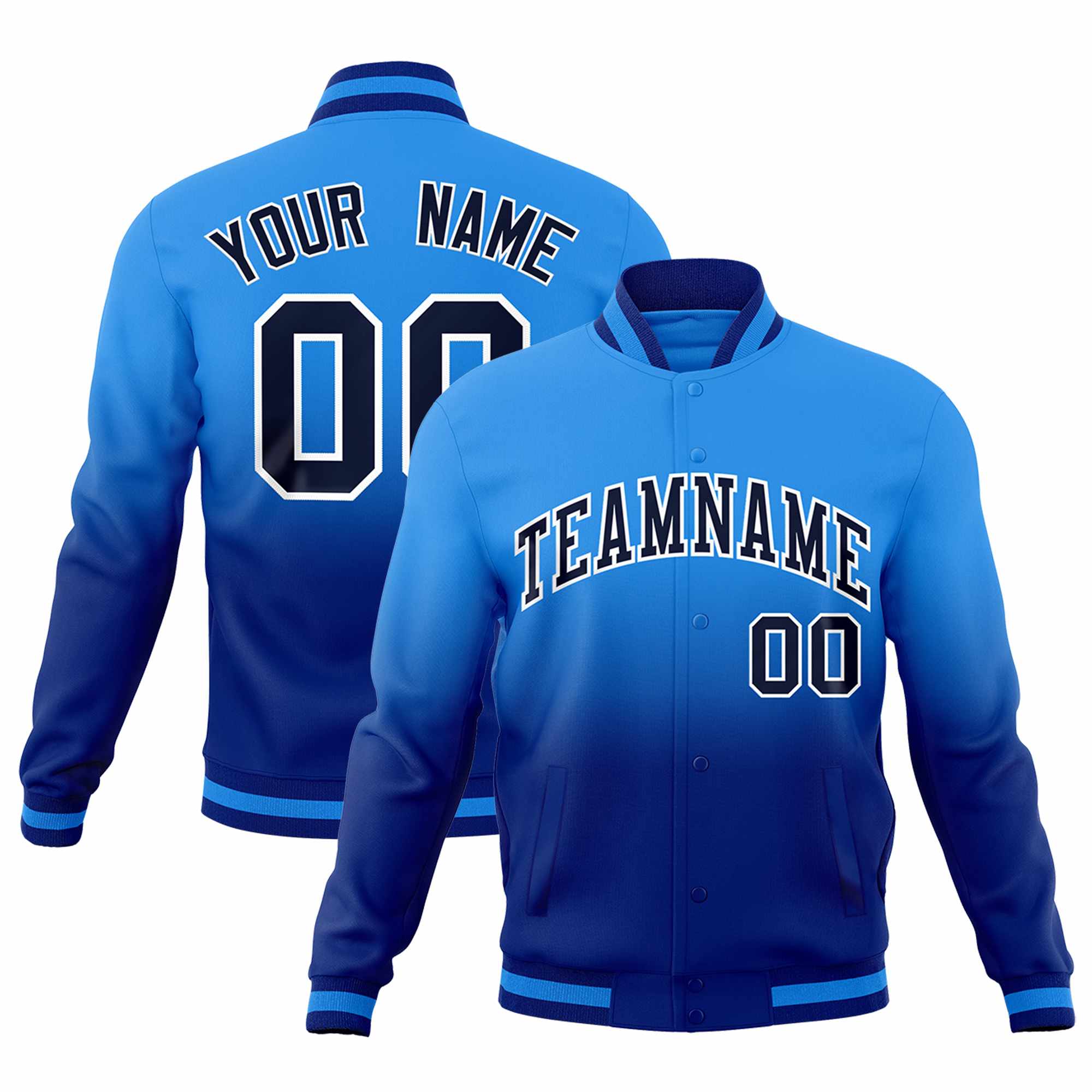 Custom Powder Blue Royal Full-Snap Varsity Personalization Gradient Fashion Letterman Jacket
