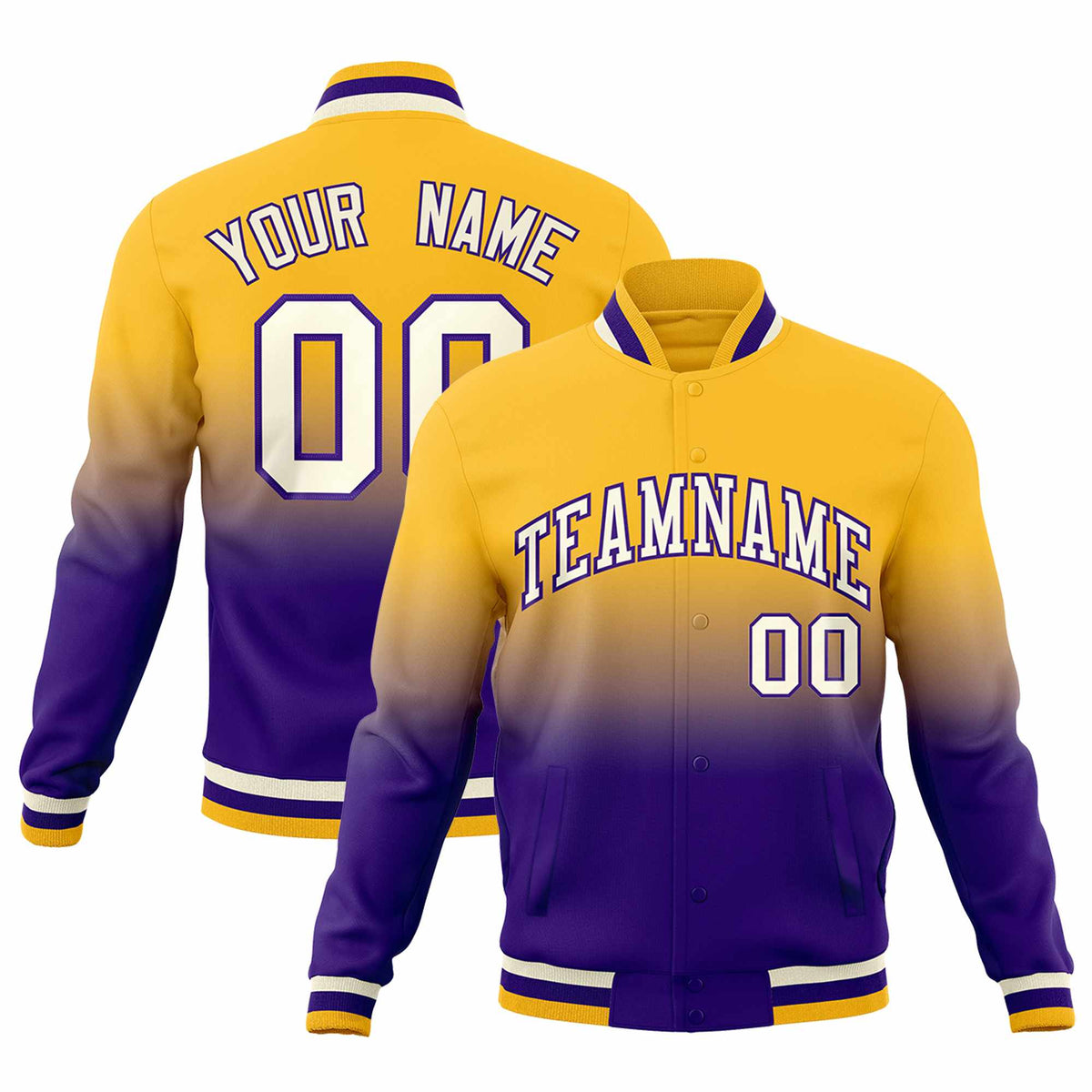 Custom Purple Gold Full-Snap Varsity Personalization Gradient Fashion Letterman Jacket