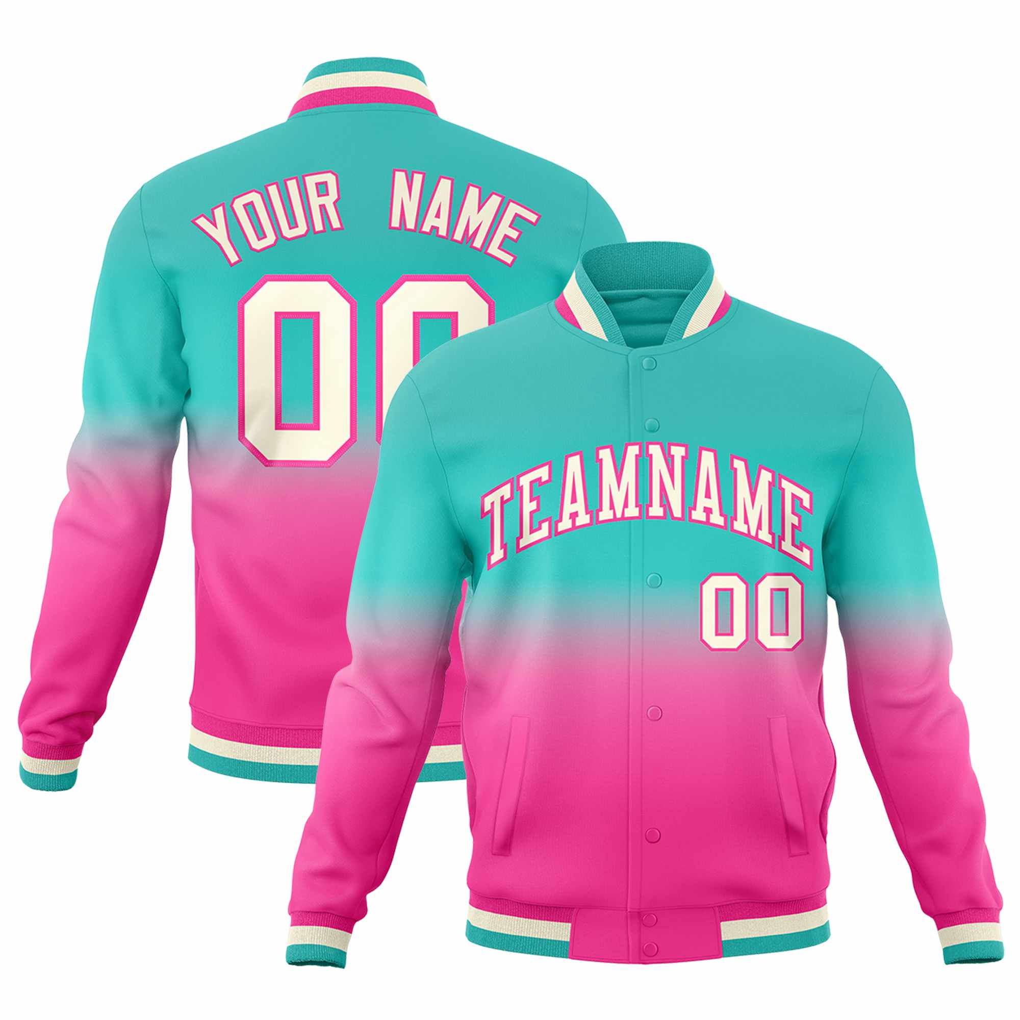 Custom Pink Bright Green Full-Snap Varsity Personalization Gradient Fashion Letterman Jacket