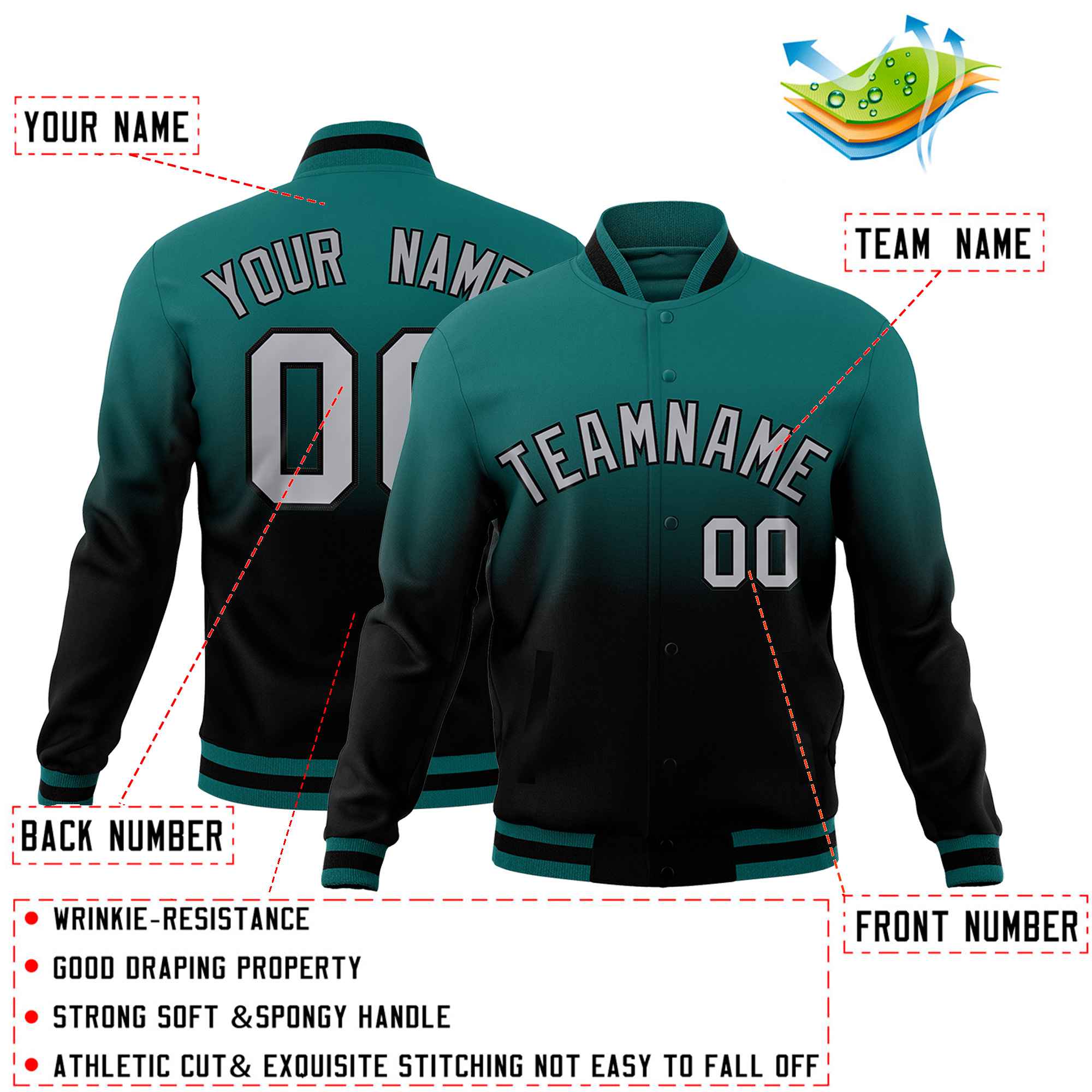 Custom Teal Black Full-Snap Varsity Personalization Gradient Fashion Letterman Jacket