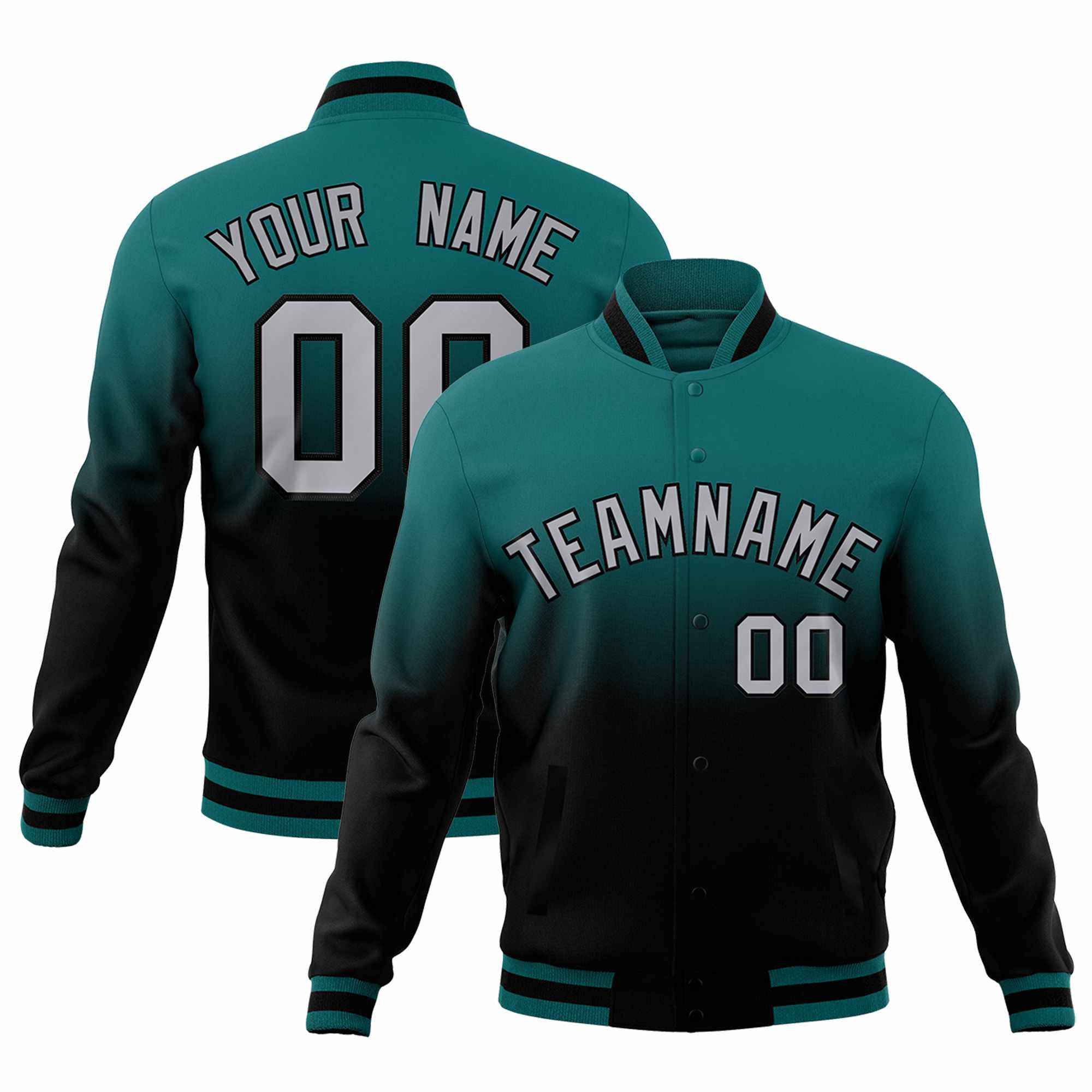 Custom Teal Black Full-Snap Varsity Personalization Gradient Fashion Letterman Jacket