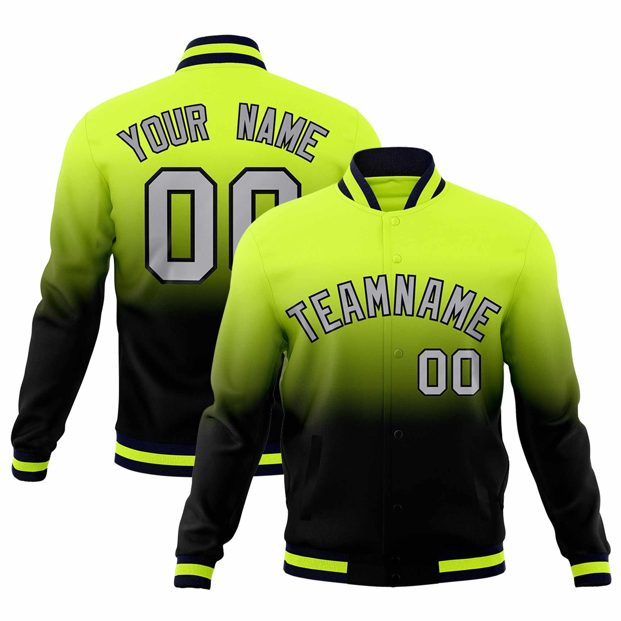 Custom Neon Green Navy Full-Snap Varsity Personalization Gradient Fashion Letterman Jacket
