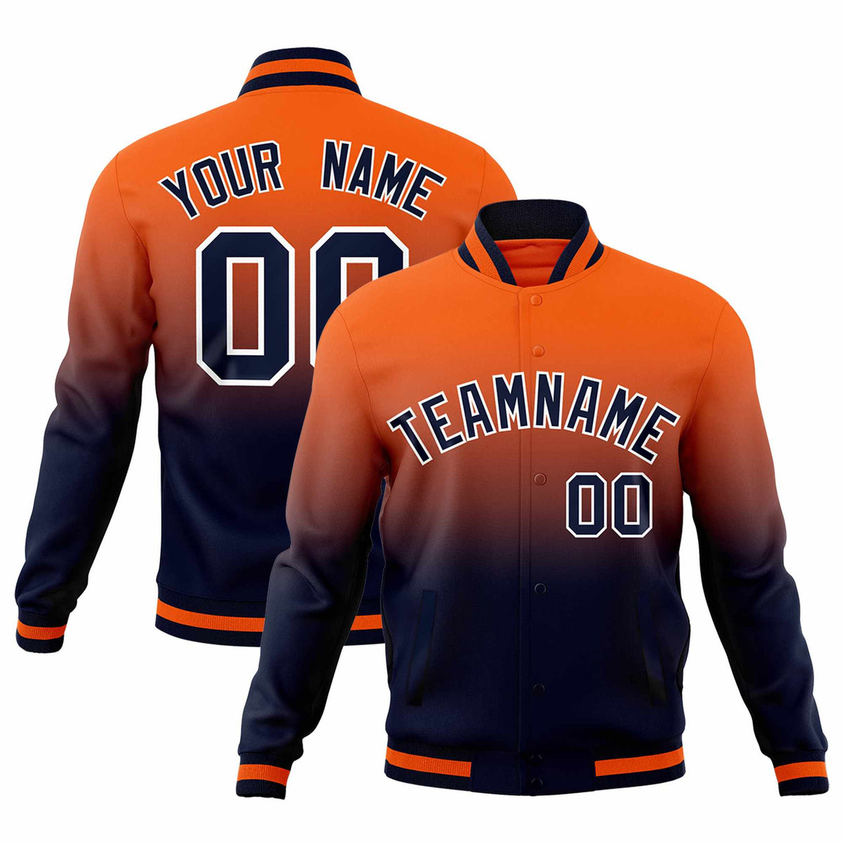 Custom Navy Orange Full-Snap Varsity Personalization Gradient Fashion Letterman Jacket