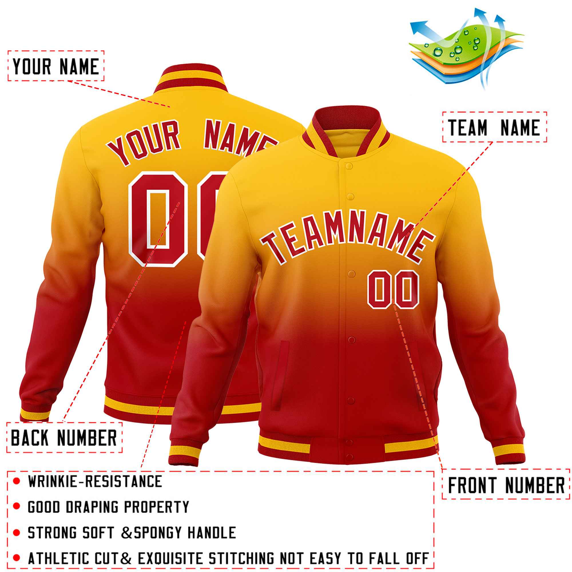Custom Yellow Red Full-Snap Varsity Personalization Gradient Fashion Letterman Jacket