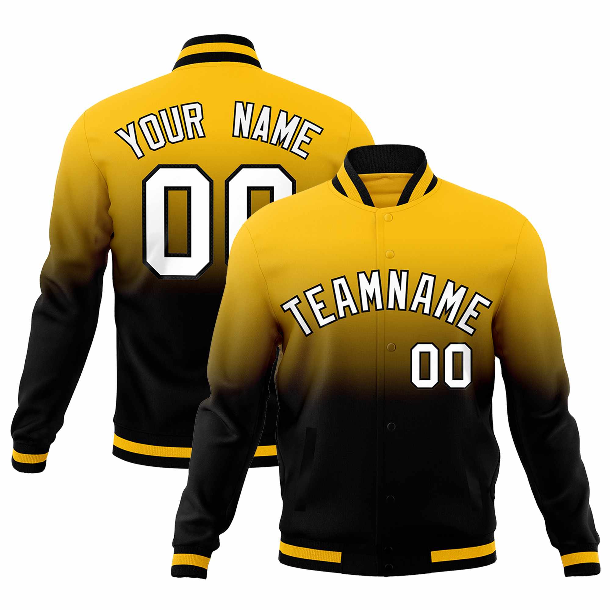 Custom Yellow Black Full-Snap Varsity Personalization Gradient Fashion Letterman Jacket