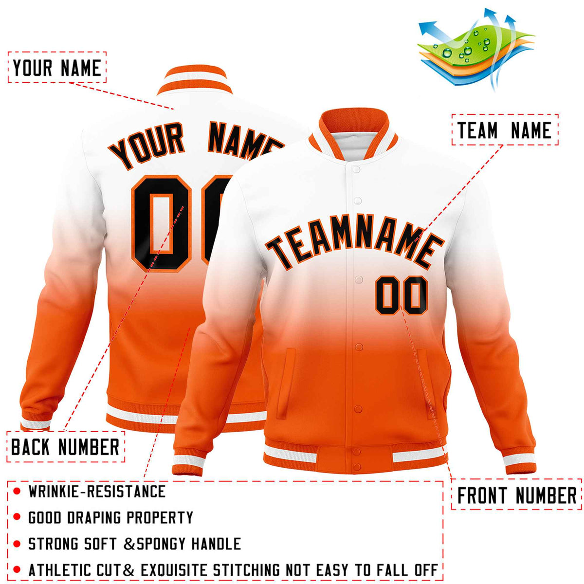 Custom White Orange Full-Snap Varsity Personalization Gradient Fashion Letterman Jacket