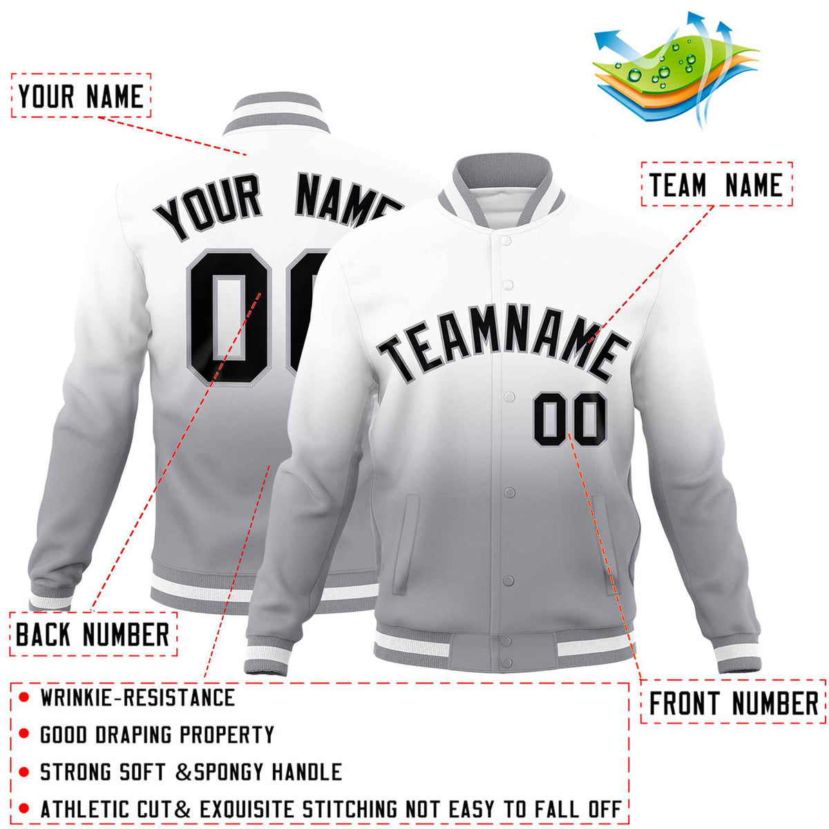 Custom White Gray Full-Snap Varsity Personalization Gradient Fashion Letterman Jacket