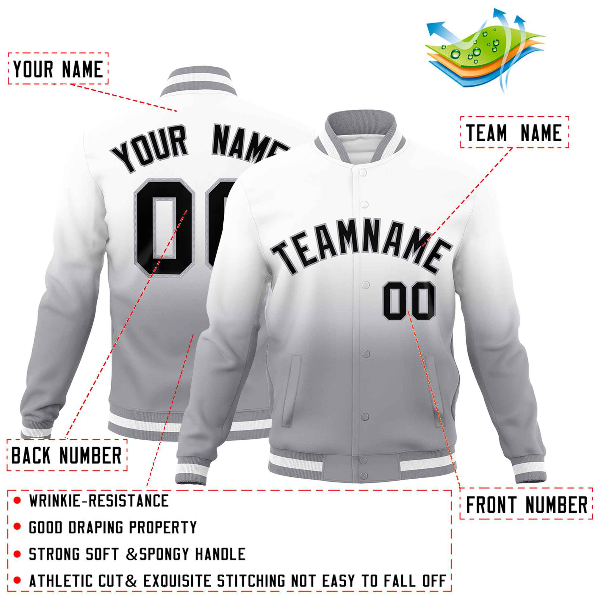 Custom White Gray Full-Snap Varsity Personalization Gradient Fashion Letterman Jacket